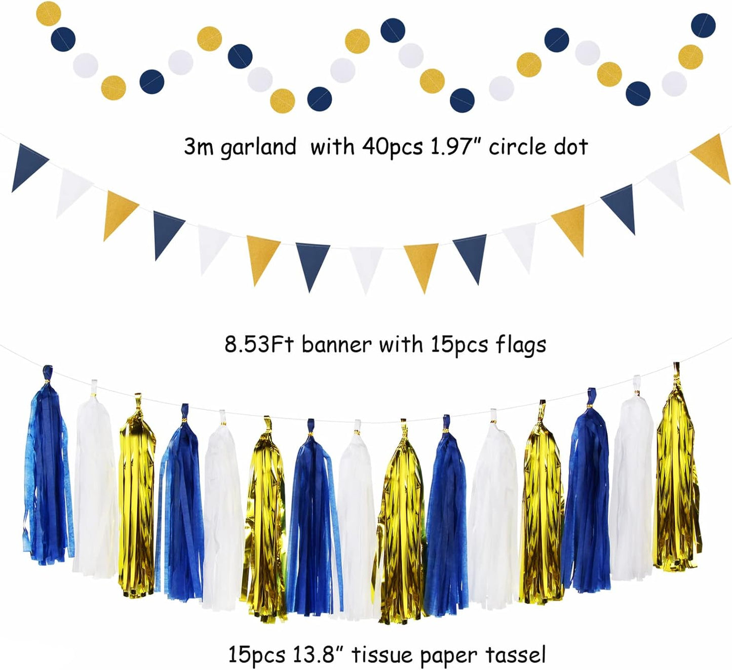 Navy-Blue White-Gold Graduation Party-Decorations - 33pcs Kits Banner, Streamers Tassel Garland,Tissue Pom Poms Honeycomb, Paper Lantern Fans,Wedding Birthday Baby Shower Backdrop Ceiling Decor Hugtmr