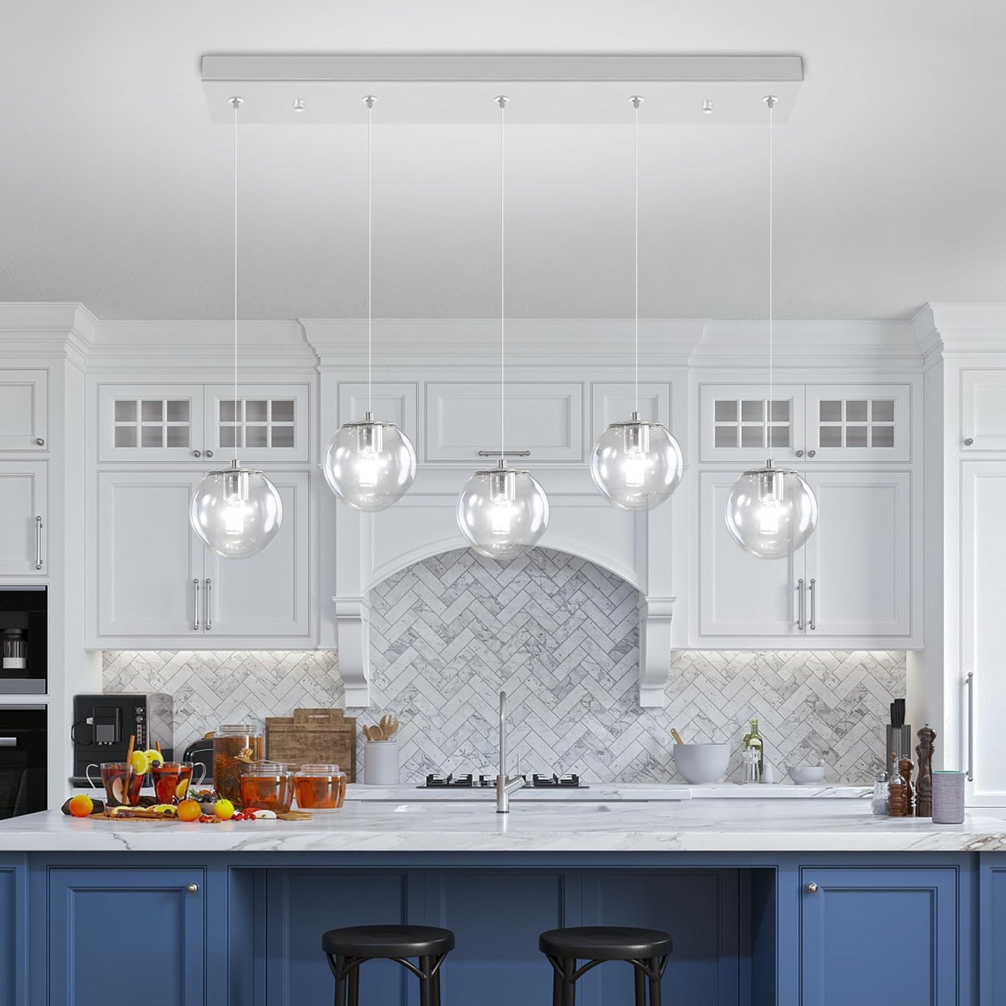 5-Lights Modern Rectangle Chandelier Globe Pendant Light,Chrome Linear Globe Chandeliers for Dining Room and Kitchen Island