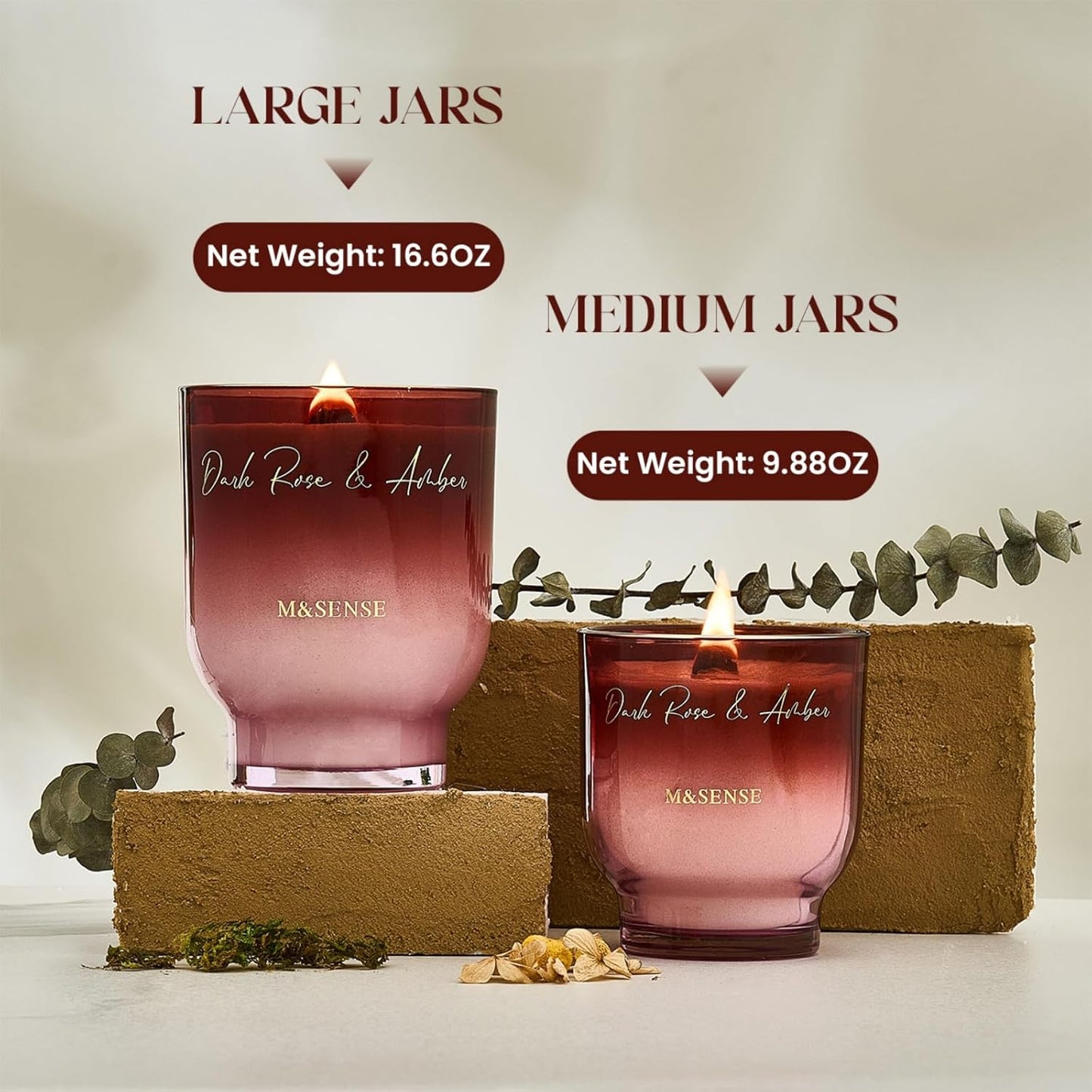 M&SENSE 16.6oz Natural Soy Large Jar Candle with Wooden Wick | Dark Rose Amber Scent | 95-Hour Burn & Long-Lasting Burn | Housewarming Gift for Men and Women