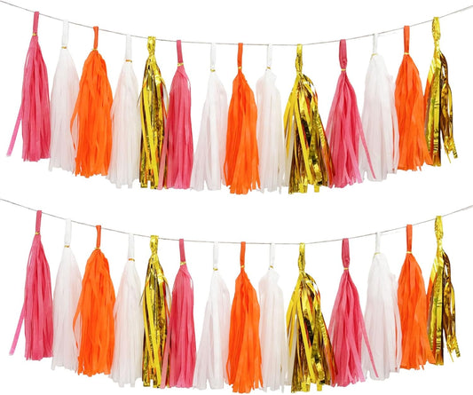 Shiny Tassel Garland Tissue Paper Tassel Banner,Tassels Decorations for Summer Luau Flamingo Girl,Wedding,Pumpkin Birthday Party,Bridal/Baby Shower,Pack of 20 (Hot Pink/Orange/Gold/White)