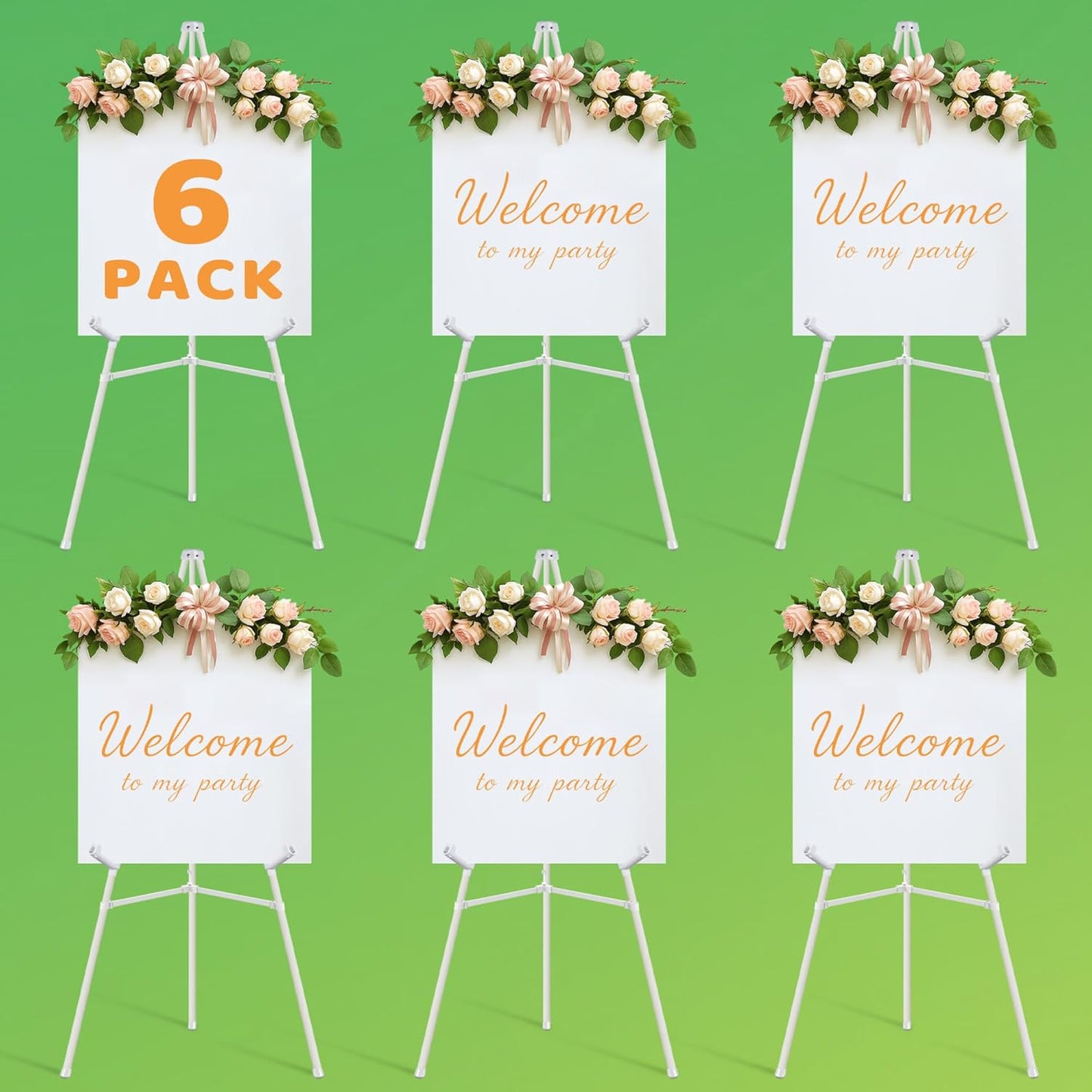 6 Pack White Easel Stand for Sign - 63" Adjustable Folding Floor Easels for Wedding Sign, Welcome Sign, Poster, Picture, Painting - Lightweight Portable Display Easels with Bags, Holds 5 lbs