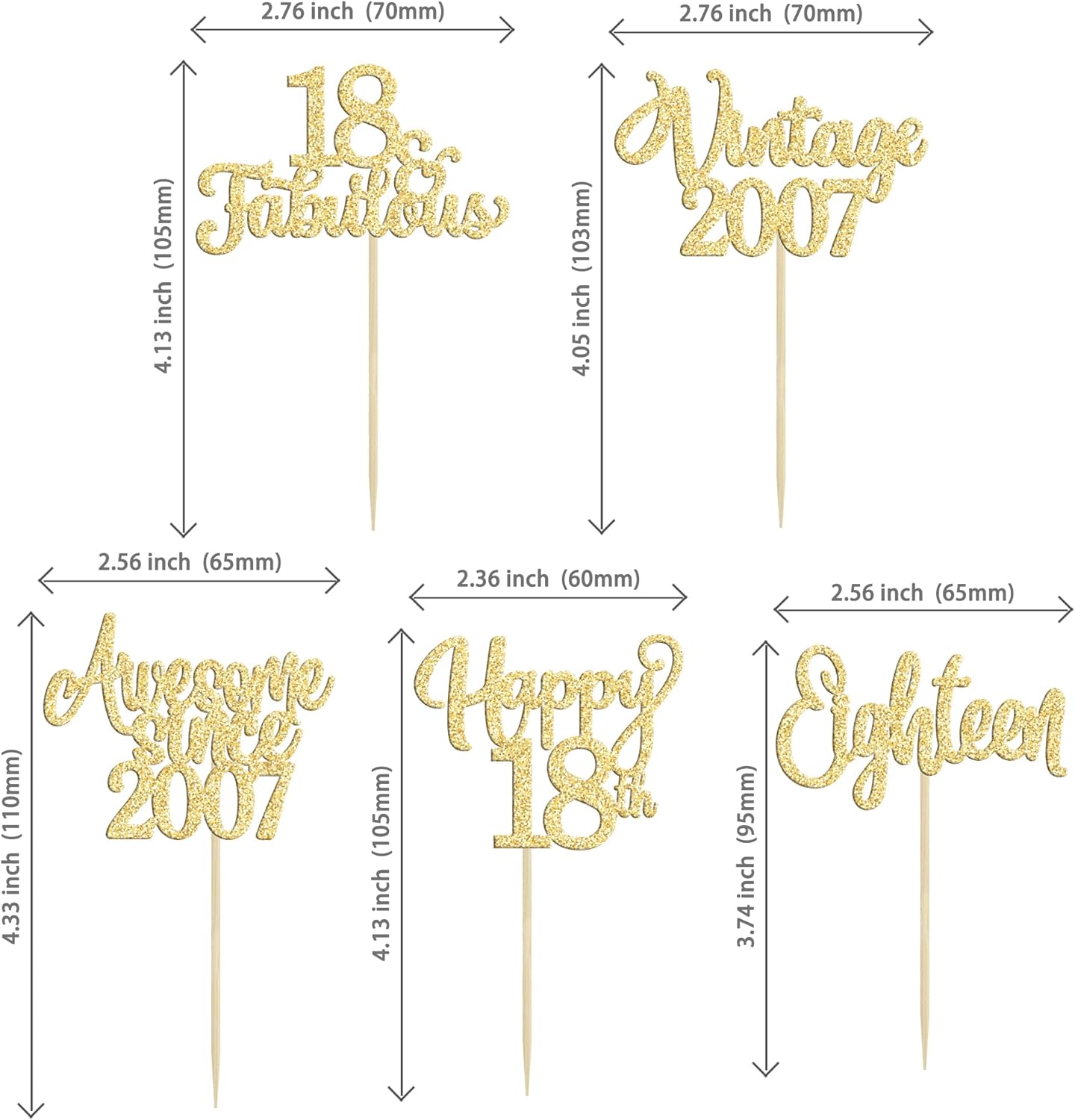 30Pcs Vintage 2007 Cupcake Toppers Glitter Eighteen Happy 18th Birthday 18 Fabulous Cupcake Picks Cheers to 18 Years for 18th Birthday Wedding Anniversary Party Cake Decorations Supplies Gold