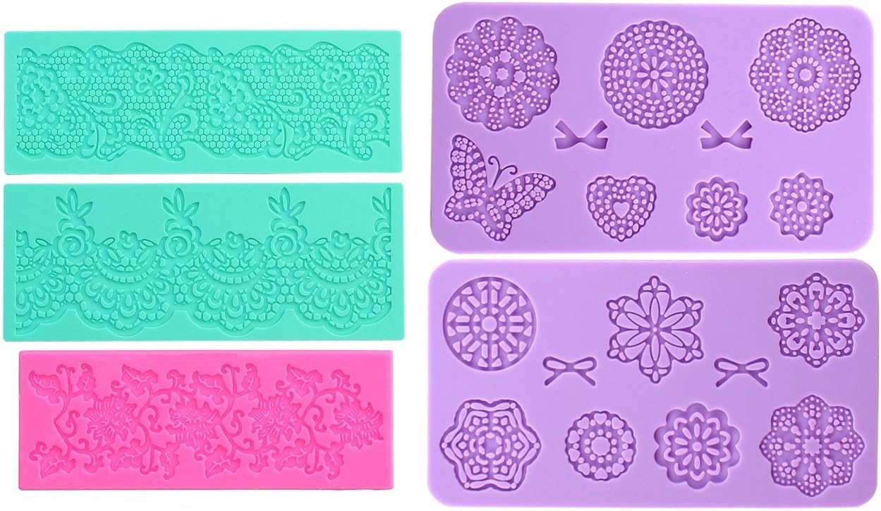Embossing Lace Fondant Moulds, Multi Circle Flowers Lace Mat Wedding Cake Decoration Tool, Rattan Shaped Cupcake Mat Silicone Molds set of 5