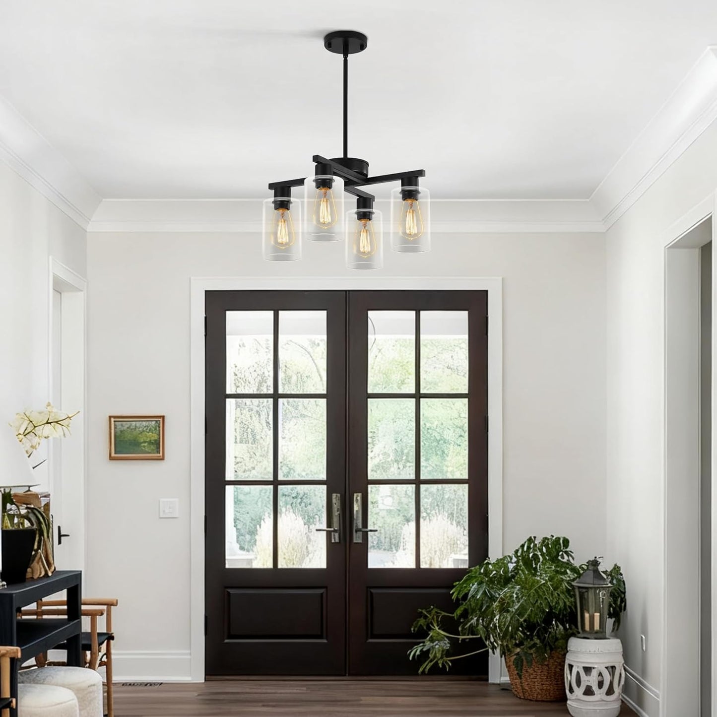 4-Light Modern Farmhouse Black Chandelier, Dining Room Light Fixture Over Table Adjustable Height Hanging Industrial Pendant Lights Kitchen Island, Clear Glass Shade
