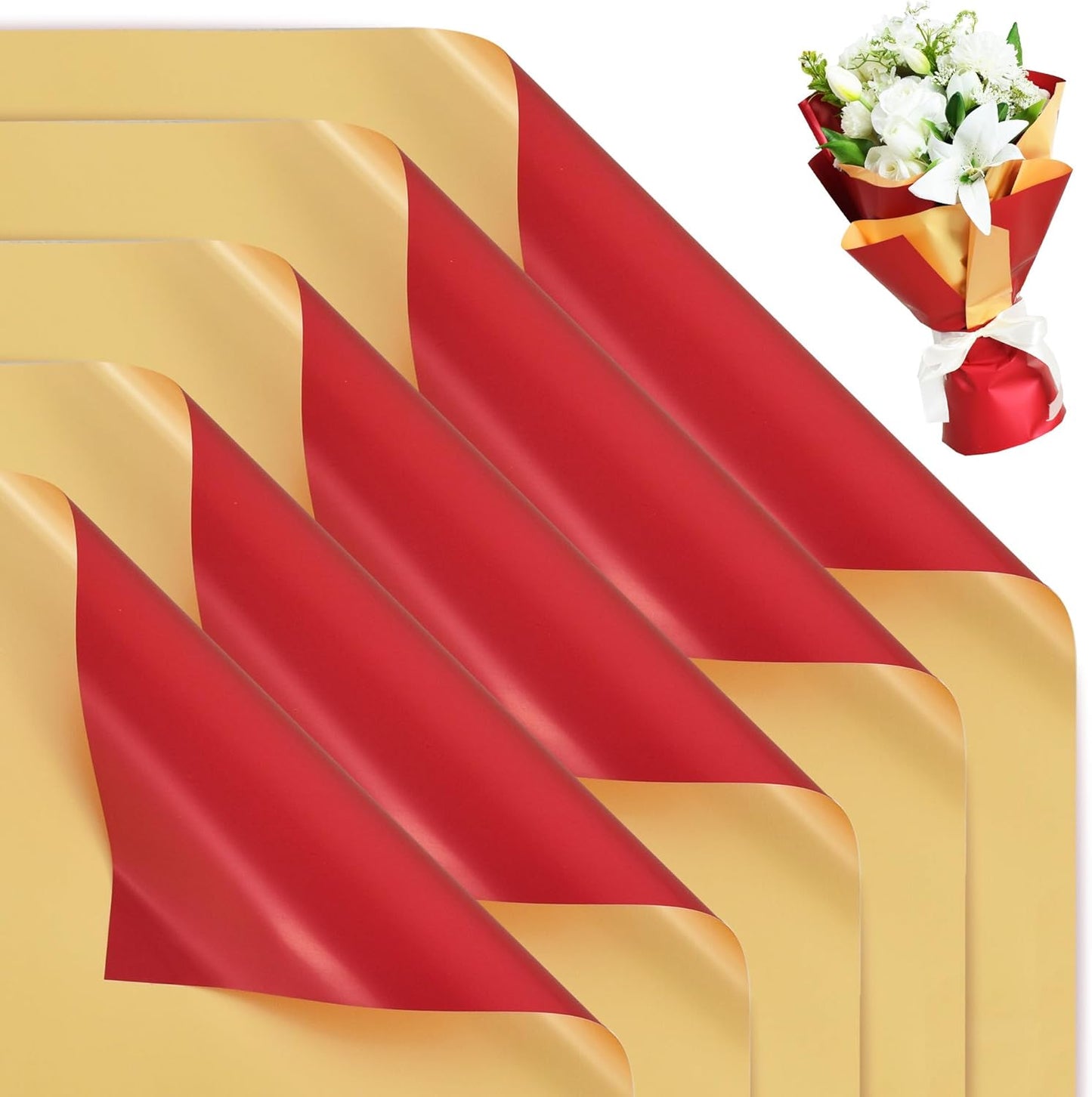 BEISHIDA 20 Sheets Red+Gold Double Sided Floral Wrapping Paper, 58 * 58 cm / 22.8 * 22.8 Inch, Perfect for Gift Wrapping, Floral Arrangement, Occasions: Valentine's Day, Wedding, Birthday, Christmas