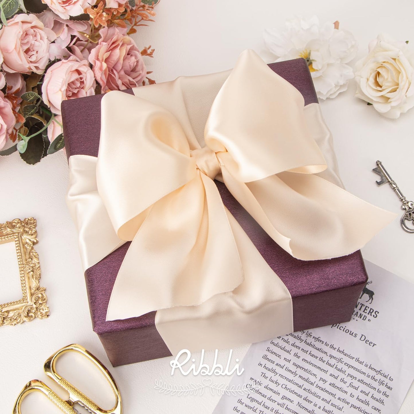 Ribbli Champagne Pink Satin Ribbon 4 Inch Wide Champagne Ribbon for Wedding Chair Sash Grand Opening Ceremony Big Bows Gift Wrapping Floral Crafts Cake Decor-Double Faced Satin Continuous 10 Yards