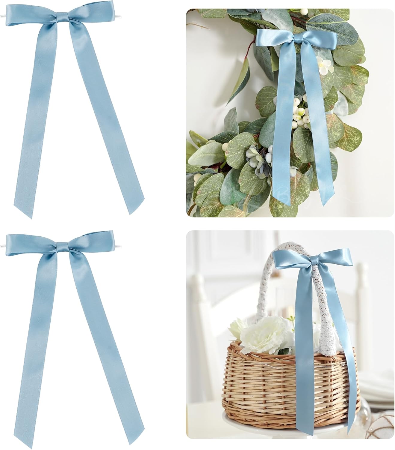 50 PCs Dusty Blue Bow Decor 5.5'' Satin Bows with Long Tail, Twist Tie Bows for Craft, Packaging Ribbon Bows, Premade Bows for Cake Decorating, Gift Bows for Treat, Wedding Favor, Party