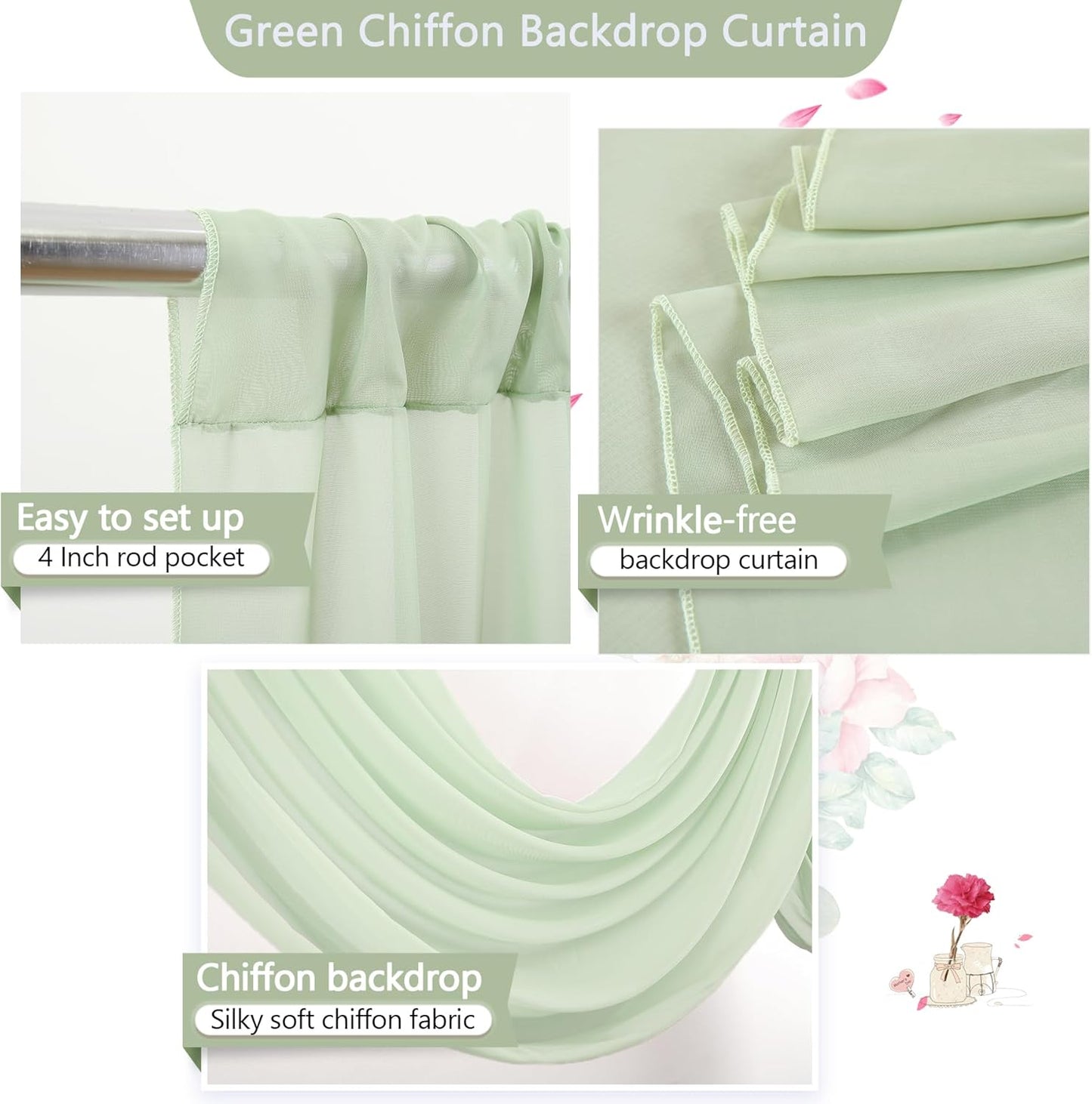 PARTISKY 10x10ft Sage Green Chiffon Sheer Backdrop Curtains, Wrinkle-Free Wedding Backdrop Drapes for Birthday Party Ceremony Arch Stage Decor Background for Photography 5x10ft,2 Panels