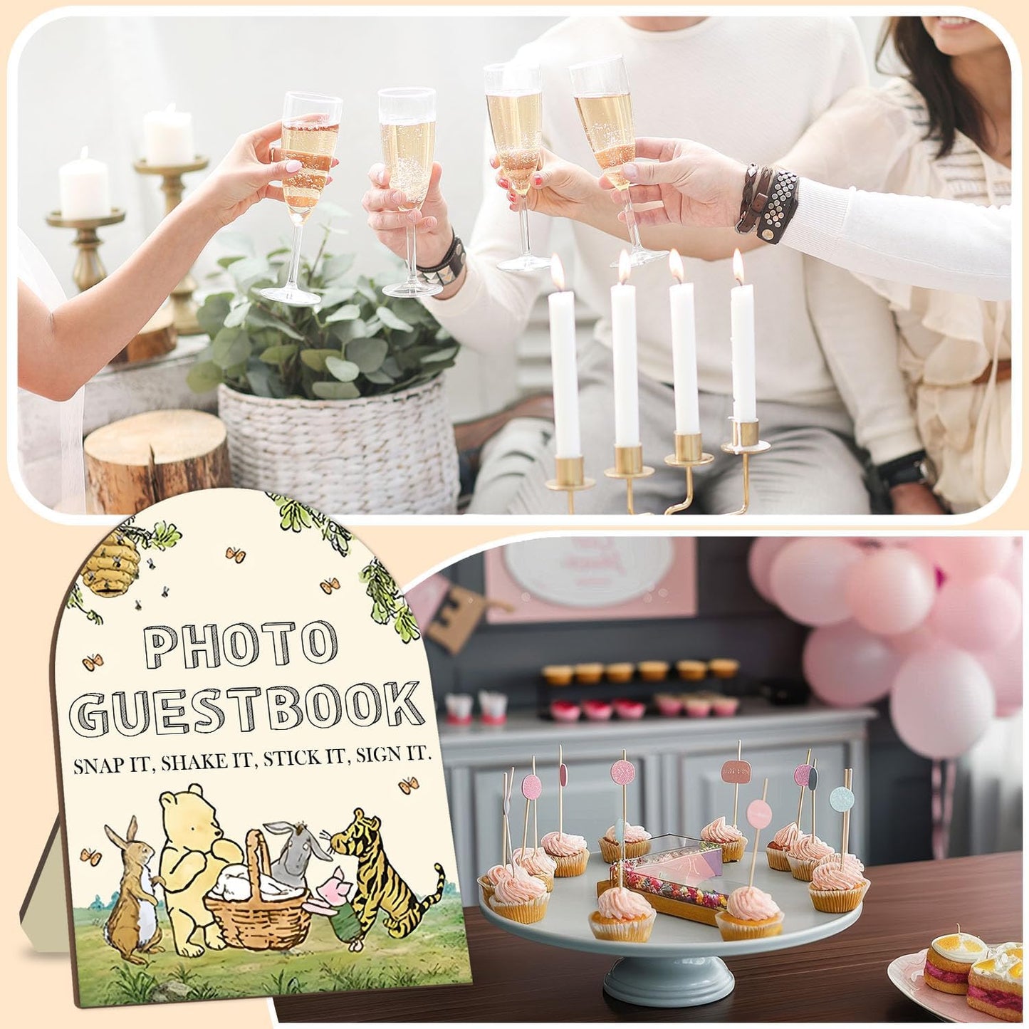 Winnie Wedding Photo Guestbook Desk Decor, The Pooh Photo Guestbook Wooden Sign, Baby Shower Party Decor, Wedding Party Supplies for Reception with Stand 8 * 10In