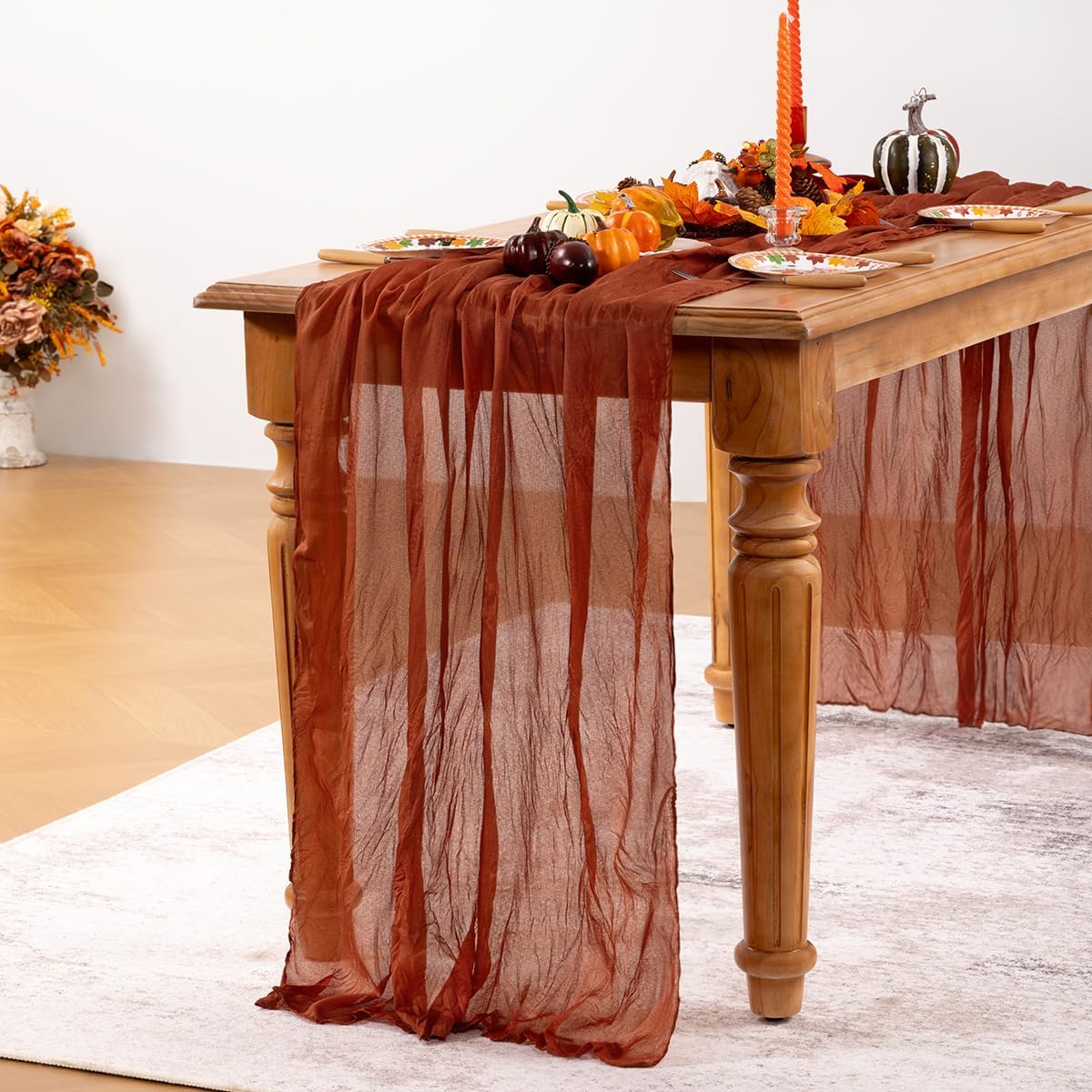Terracotta Cheesecloth Table Runner Fall Burnt Orange Cheese Cloth Table Runner 120 Inches Rust Thanksgiving Fall Table Decorations for Friendsgiving Wedding Bridal Baby Shower Party