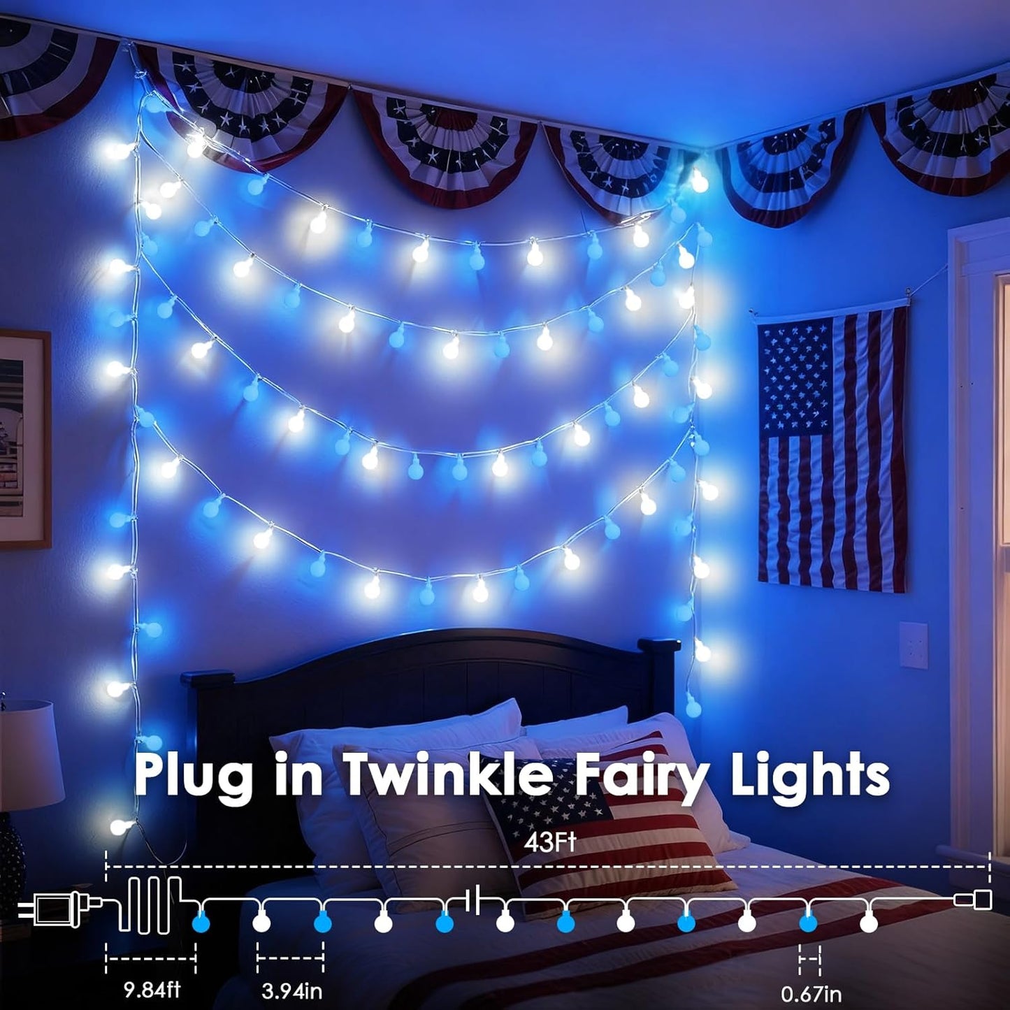 43FT Connectable String Lights Indoor Outdoor | 100LED Blue and White Globe Fairy Lights Plug in 13 Modes with Timer | Christmas Light for Bedroom Classroom Wedding Party Christmas Tree Decorations