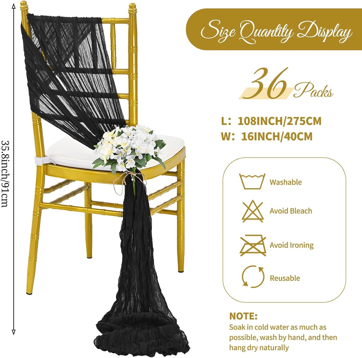36 Pcs Black Cheesecloth Chair Sashes, 16 x 108 inch Gauze Fabric Washable Chair Sashes Bows Designed for Aisle Decorations Universal ChairCover Decor for Wedding Reception Party Banquet