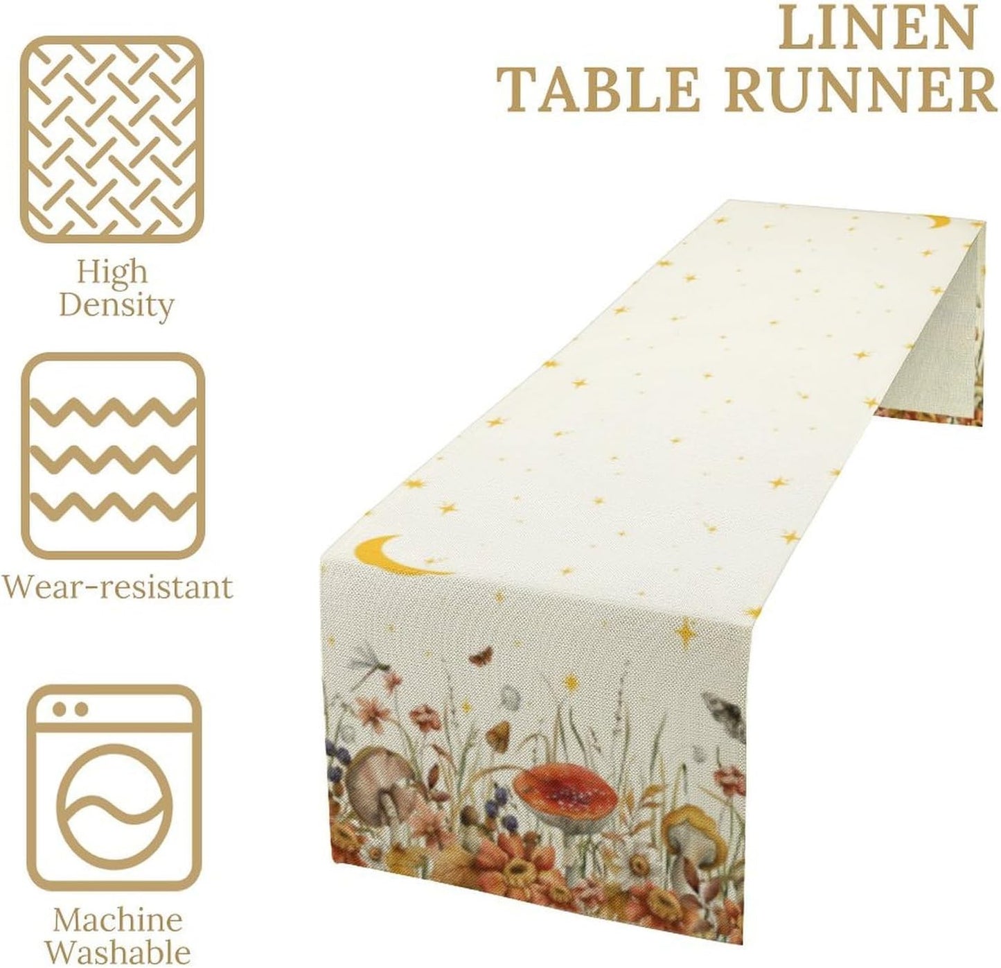 Mushroom Kitchen Table Runner, Gothic Moon Star Plants Witchy Moonlit Flower Butterfly Table Runner for Kitchen Dinner Living Room Drapes, 13x60 Inch White