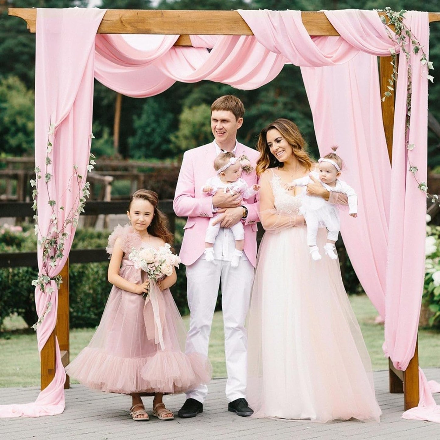 VOK Pink Wedding Arch Draping Fabric Chiffon Fabric, 29in x 18Ft 2 Panels Sheer Chiffon Outdoor Curtain for Wedding Ceremony Birthday Party Decoration (Light Pink,2 Panel)