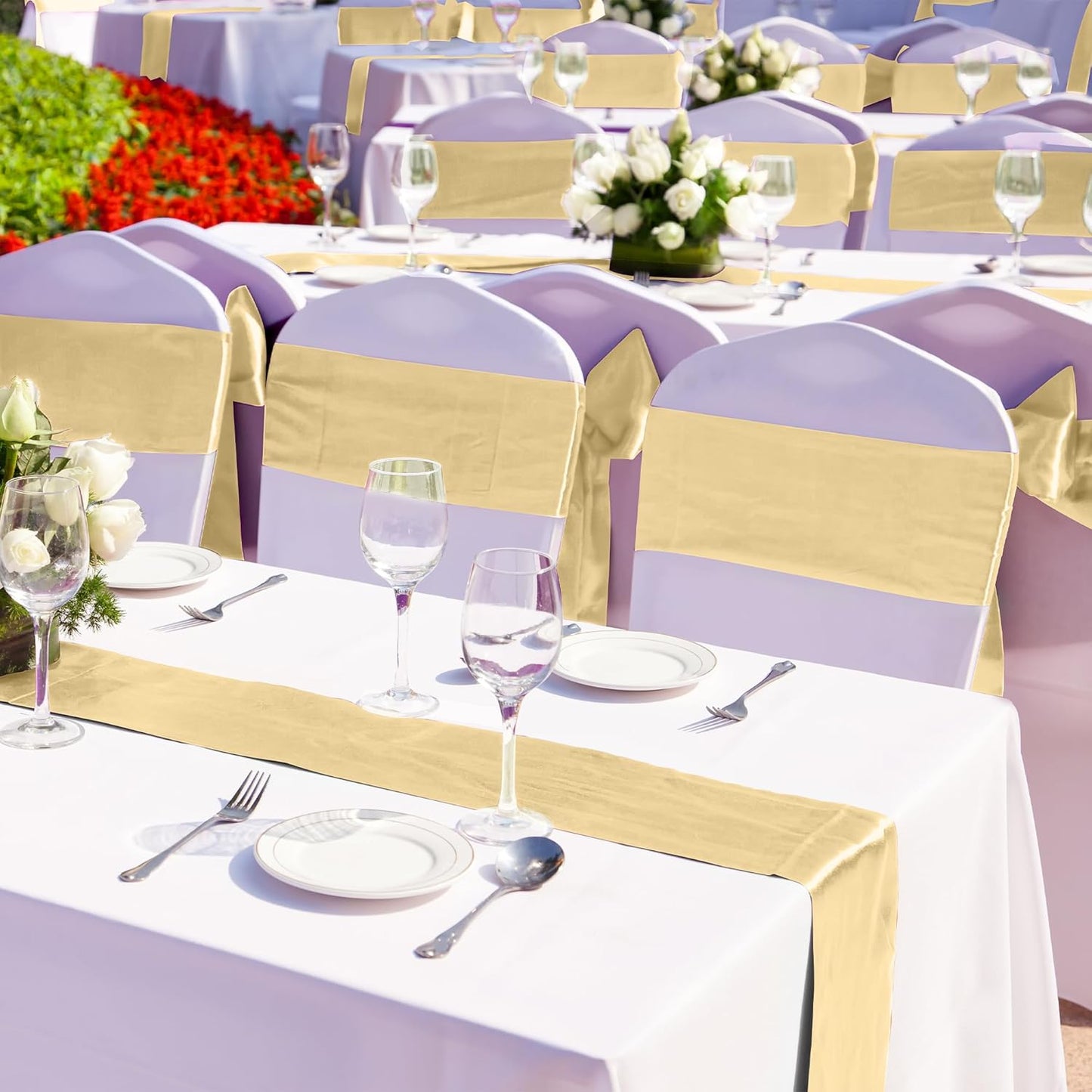 Aneco 12 Pack Satin Table Runner 12 x 108 Inch Champagne Long Wedding Satin Silk Table Runner for Wedding Banquet Graduations Birthday Party Decoration