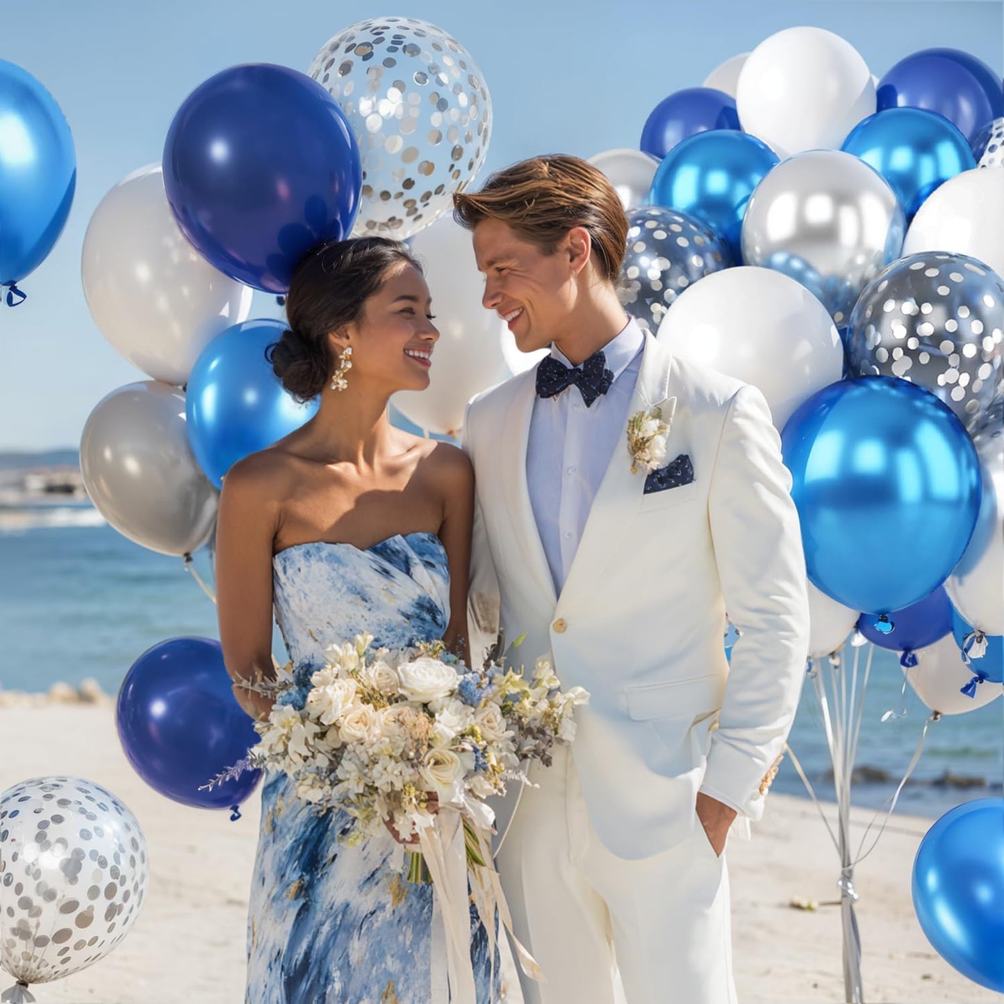 Blue White Silver Confetti Balloons, 50pcs 12 Inch Metallic Blue and Silver Balloons Clear White Confetti Latex Balloons for Birthday Wedding Anniversary Gender Revea Baby Shower Party Decorations