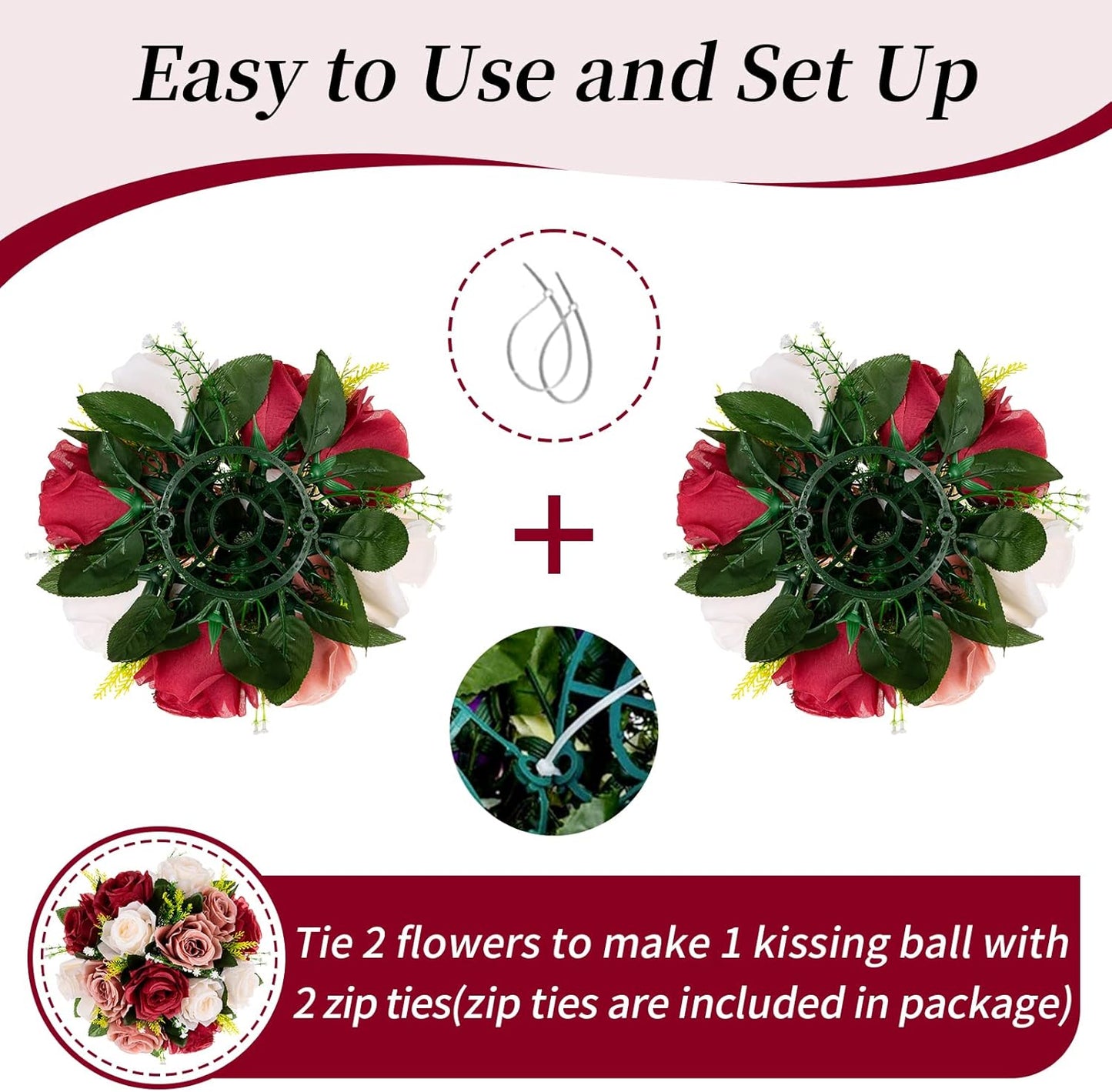 BLOSMON Wedding Flowers Centerpieces for Tables: 10 Pcs Burgundy & Dusty Rose & Creamy White Fake Roses Kissing Balls Decoration - Artificial Silk Floral Arrangements for Home Party DIY Decor