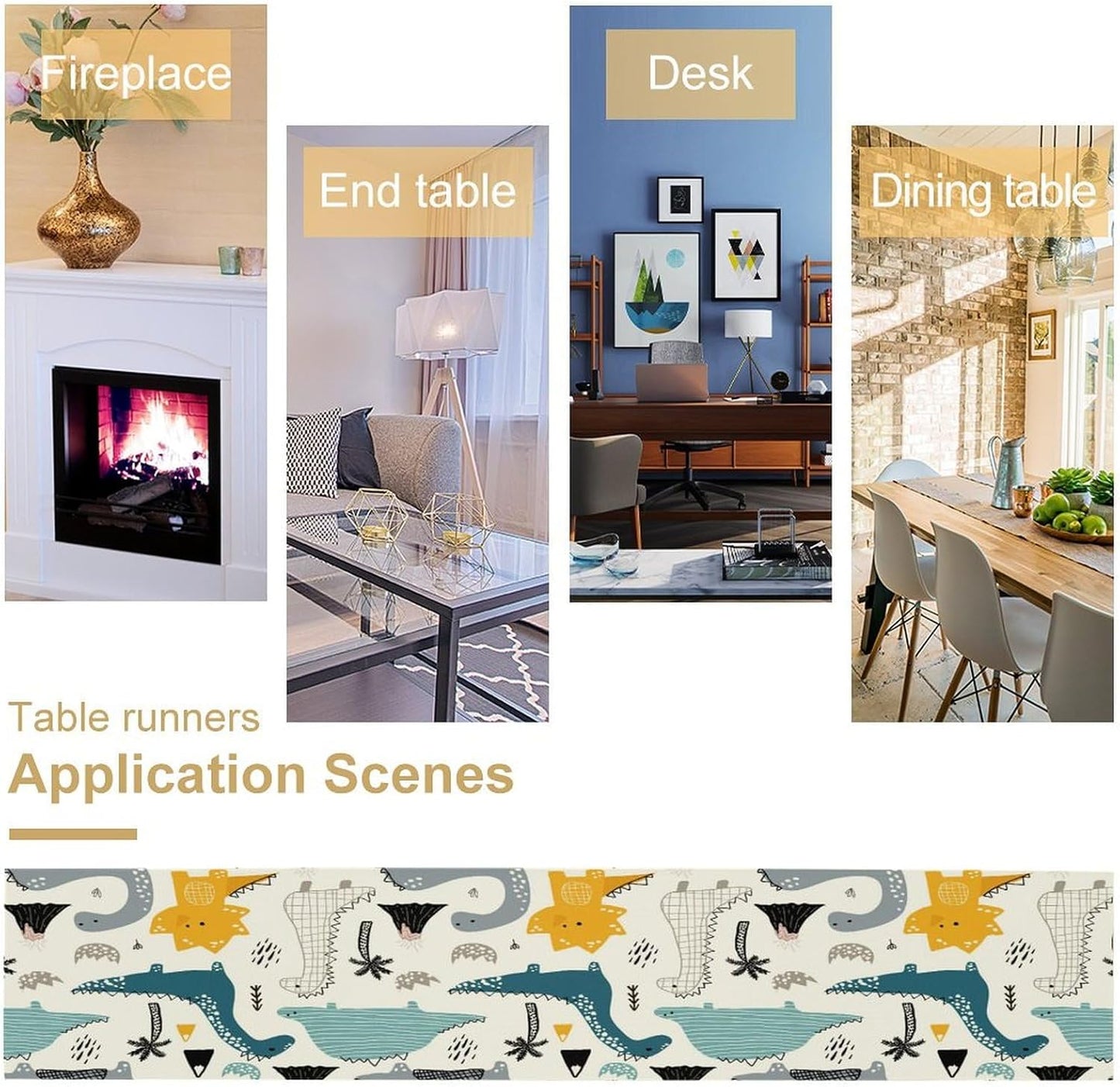 Cartoon Dinosaur Table Runner,Kids Boys Cute Various Dino Moutain Modern Abstract Print Tablecloth Burlap for Hotel Indoors Outdoor Dining Room Kitchen Holiday Party, 13x90in