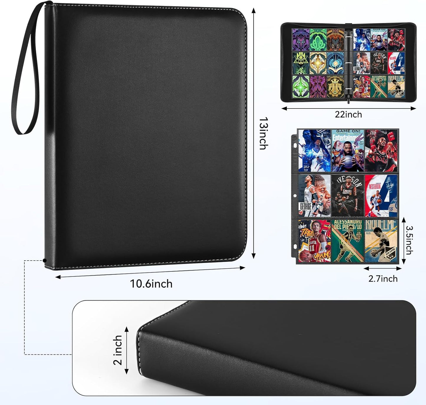 9 Pocket Card Binder, 900 Double Sided Pockets, PU Collection Binder for MTG, TCG, Sports Cards, Black (Black)