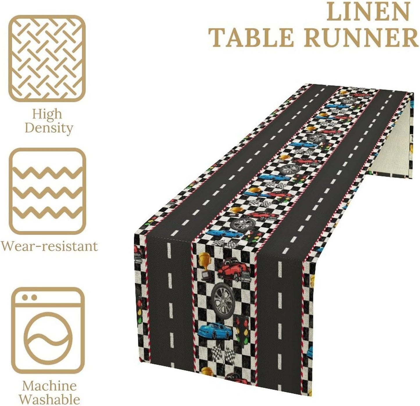 Race Car Table Runner,Checkered Flag Black and White Race Cars Pattern Print Tablecloth Burlap for Hotel Indoors Outdoor Dining Room Kitchen Home Decor,W13X L36 in
