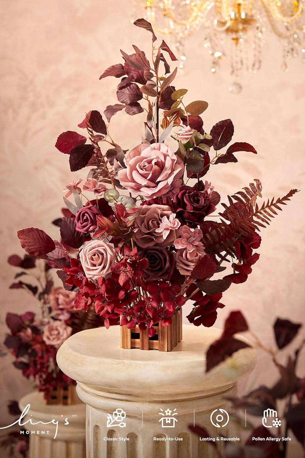 Ling's Moment 17.5" Tall Free Standing Artificial Flowers Arrangements 4 pcs Wedding Aisle Runner Chair Decorations Burgundy & Dusty Rose for Ceremony Reception Rose Floral Party Outdoor Centerpieces