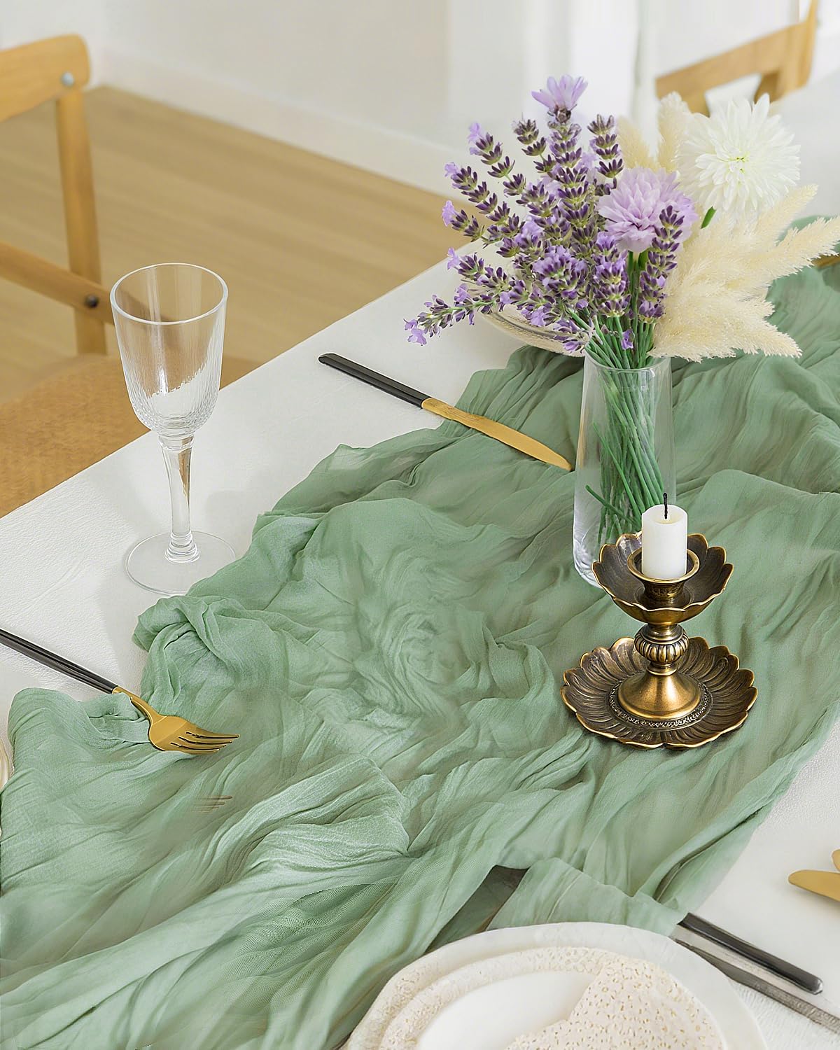 Sage Green Cheesecloth Table Runner 120 Inch, Boho Rustic Gauze 10 FT, Summer Cheese Cloth Runner for Wedding, Baby Bridal Shower, Party, Farmhouse Centerpiece Home Decorations