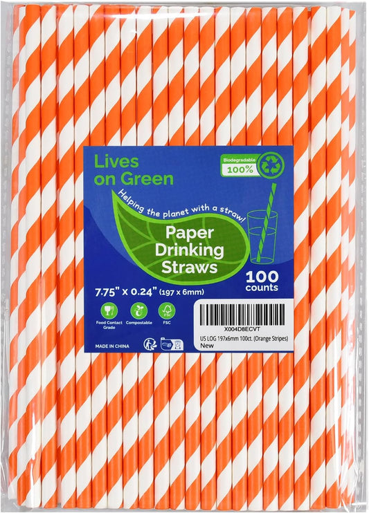 Compostable 7.75 inch Orange White Striped Paper Drinking Straws, 100 Counts - for Cocktail, Juice, Coffee, Bars, Restaurants