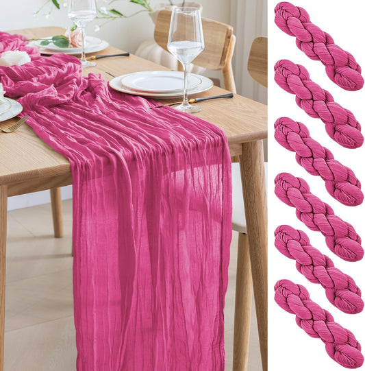Asee'm 6pcs Cheesecloth Table Runner 120 Inches Long Deep Pink Boho Gauze Cheese Cloth Runner 10FT Rustic Sheer Table Runners for Christmas Wedding Party Baby Shower Spring Easter Decoration