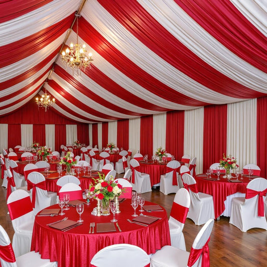 PartyVillage 10 Panels 5ftx30ft Red Ceiling Drapes for Wedding Parties – 30 FT Extra Long Thick Polyester Wrinkle-Free Drapery Tent Decor Decorations for Birthday Party Ceremony Stage Swag