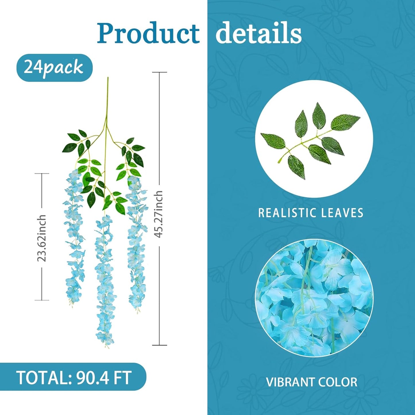 24 Pack Lake Blue Wisteria Hanging Flowers Garland, 3.77 Feet Artificial Flower Vines, Fake Wisteria, Artificial Vines Hanging Garland for Backdrop Outdoor Yard Garden Decor