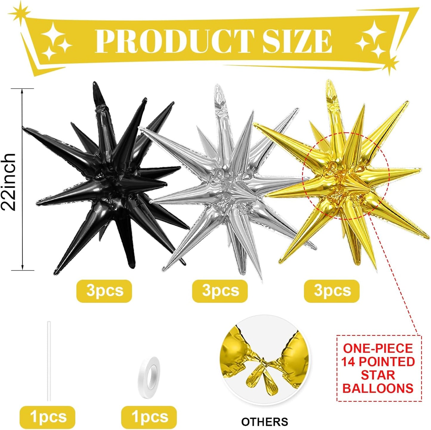 Black Gold Silver Star Balloons,9Pcs 22Inch Black Silver Gold Explosion Spike Cone Helium Polyester Film Star Foil Balloons for Birthday Anniversary Baby Shower Disco Party Decorations