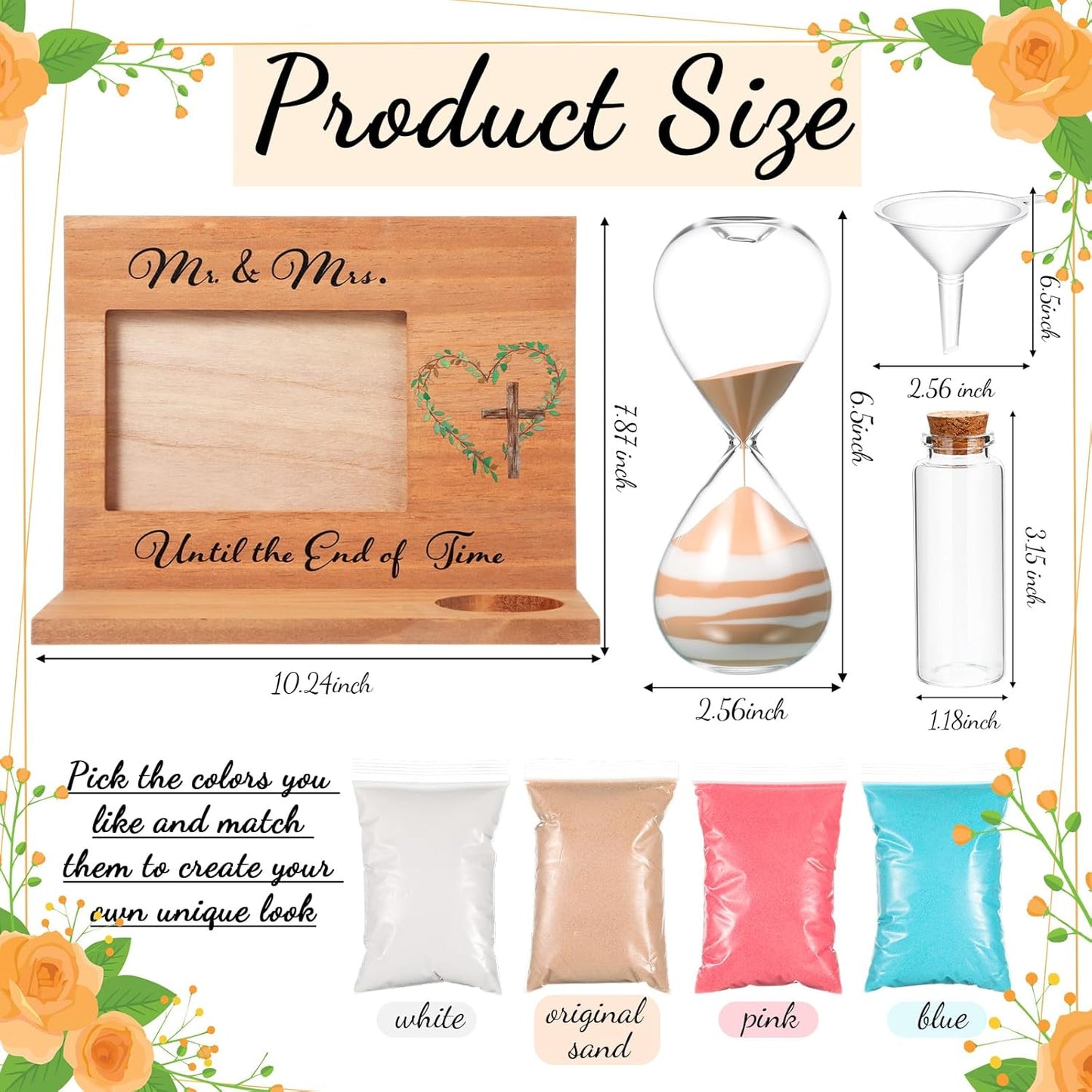 Blosssound Wedding Sand Ceremony Set Wooden Photo Frame, Hourglass Funnel, Sand, Glass Bottles, Mr and Mrs Until The End of Time Unity Kit for Weddings Ceremony Party Supplies(Nature)