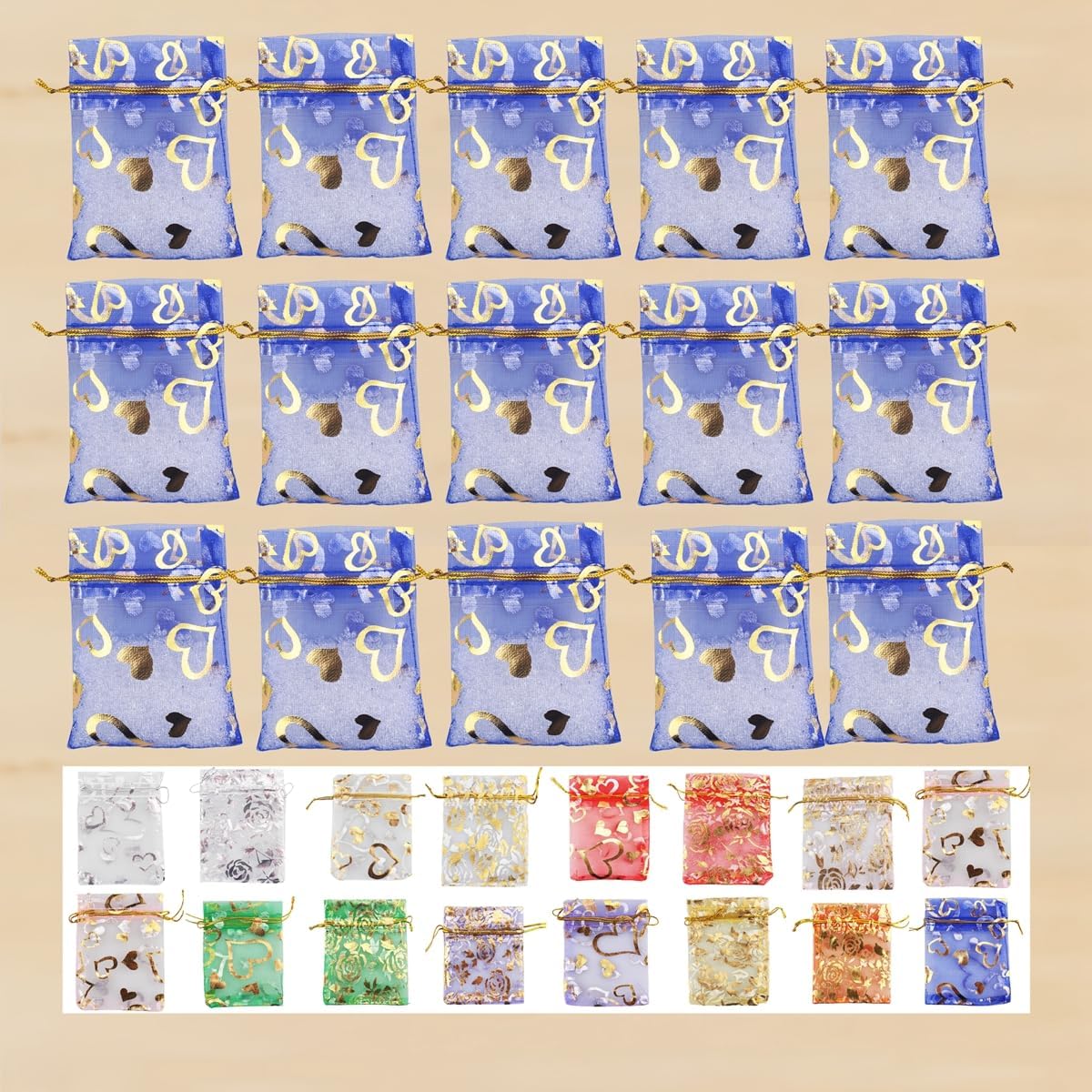 100 Pack 2.8 x 3.5 Inch Flower Heart Organza Jewelry Gift Pouch Candy Pouch Drawstring Wedding Favor Bags B511S (royalblue gold heart)
