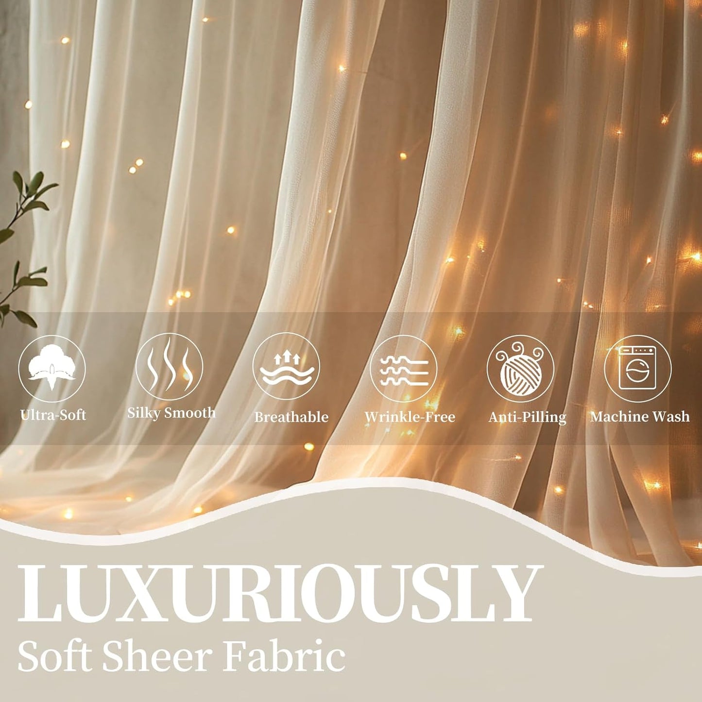 10x10ft Ivory Tulle Backdrop Curtain with String Lights, Wrinkle-Free Sheer Wedding Backdrop for Birthday Parties, Baby Showers, Bridal Showers, Photo Shoots and Home Decorations, Ivory