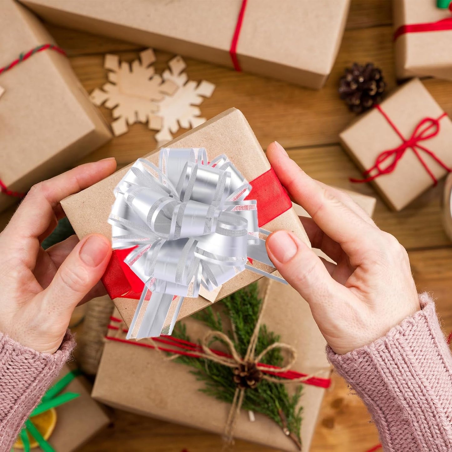 40 Pieces 6 Inches and 3 Inches Pull Bow Wrapping Pull Bow Ribbon Pull Bows for Wedding Baskets,Large Bows for Presents. (Silver)