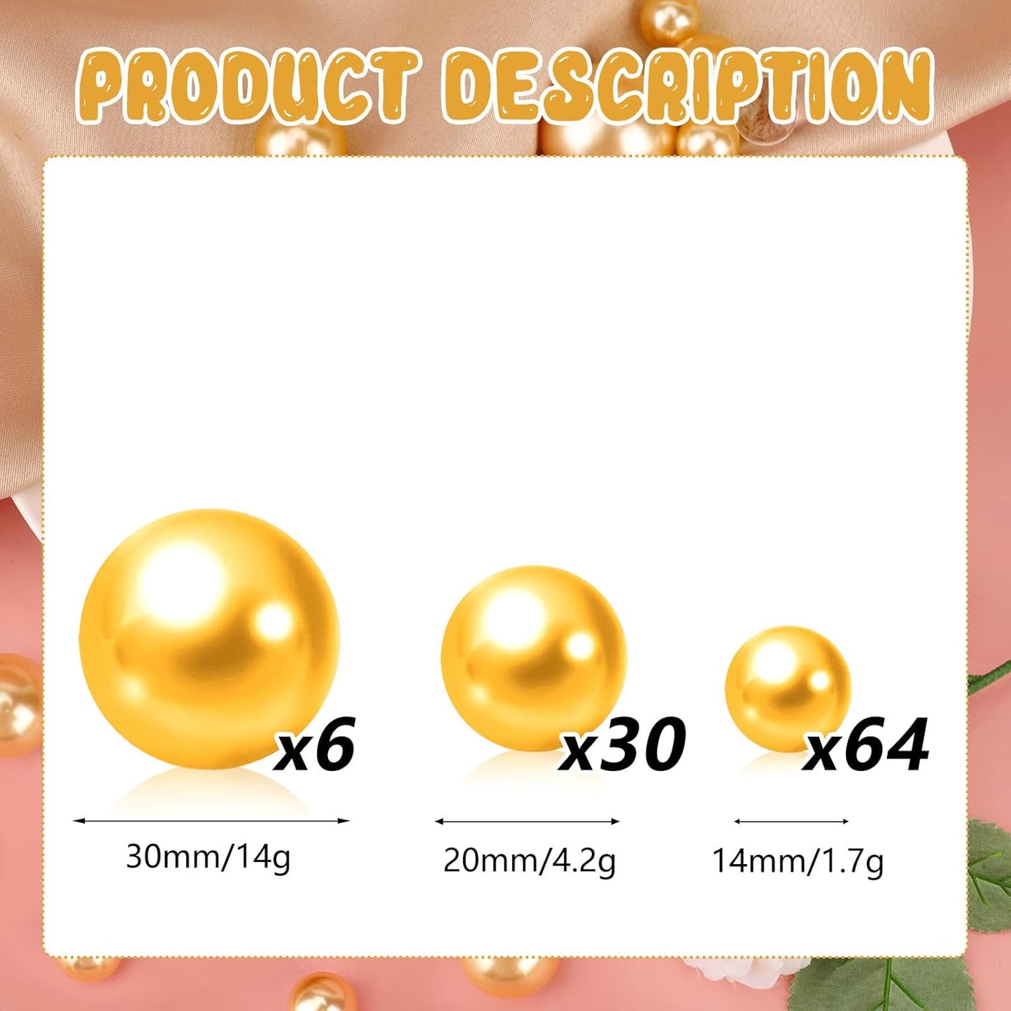 100PCS Golden Yellow Faux Pearls Beads for Centerpiece Vases, Vase Filler Faux Pearls, No Holes Filler Beads for Party Mardi Gras Wedding Table Decor, 14/20/30mm