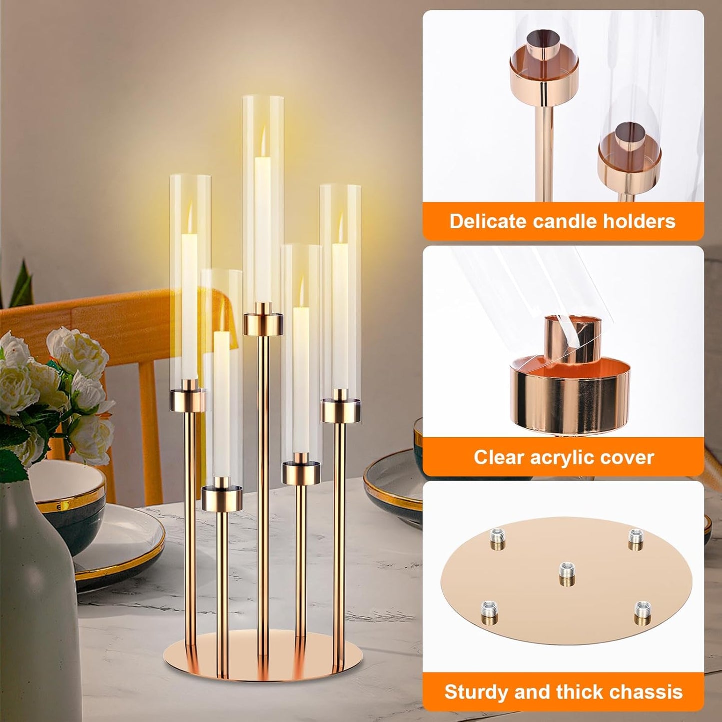 5 Arm Gold Candelabra Centerpieces for Table 4 Set Floor Candelabras Metal Candlestick for LED Candle 26'' Tall Candle Holders with Acrylic Lampshade for Wedding Party Fireplace