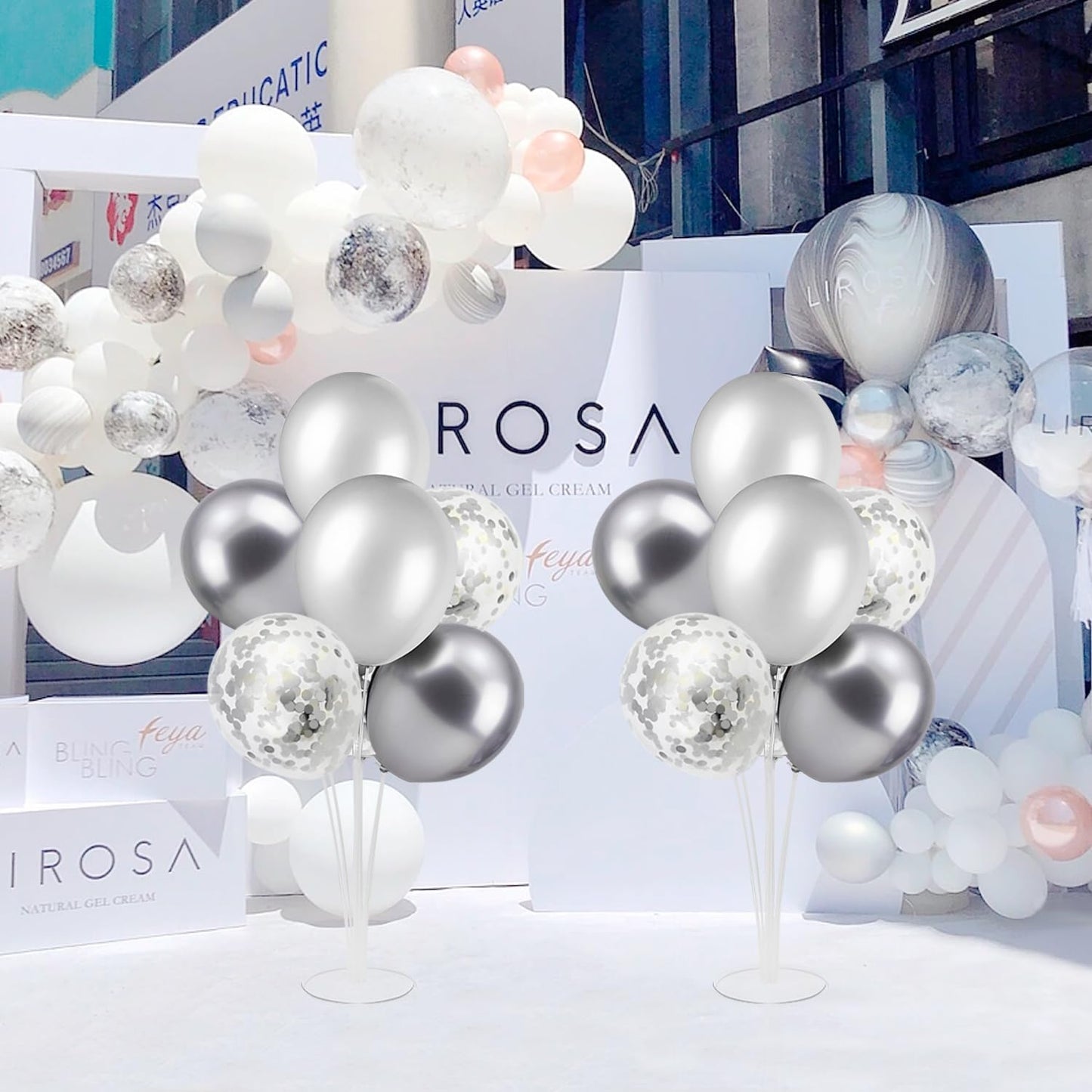 Silver Balloon Stand Centerpiece Table Decorations for 25th Wedding Anniversary Birthday Bridal Shower Father's Day Mother's Day Platinum Party Decorations(Silver gray set4)