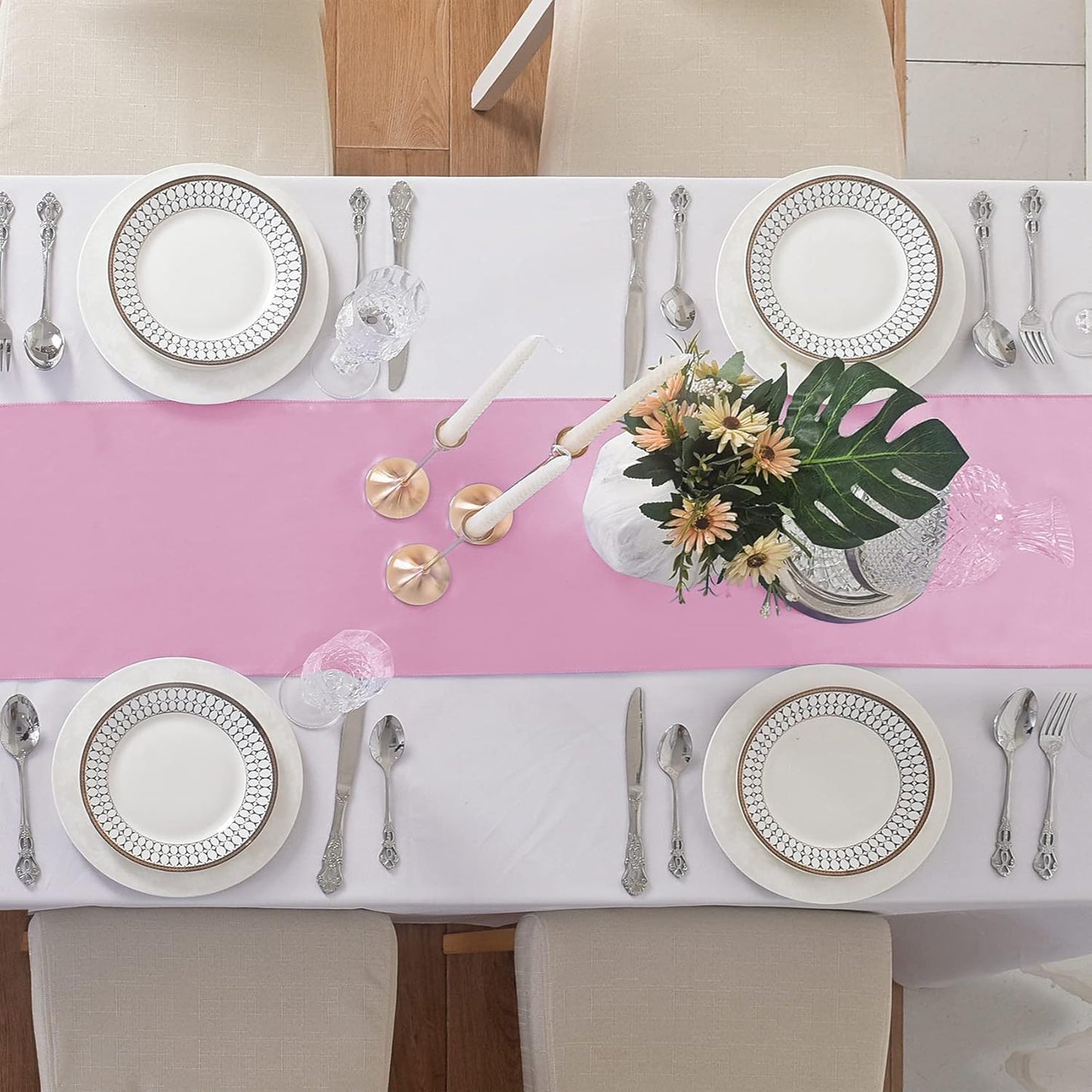24Pack Table Runner 12 x 108 Inches Satin Silk Table Runner for Wedding, Birthday Party, Banquets, Graduations Decoration, fit Rectange and Round Table-Pink