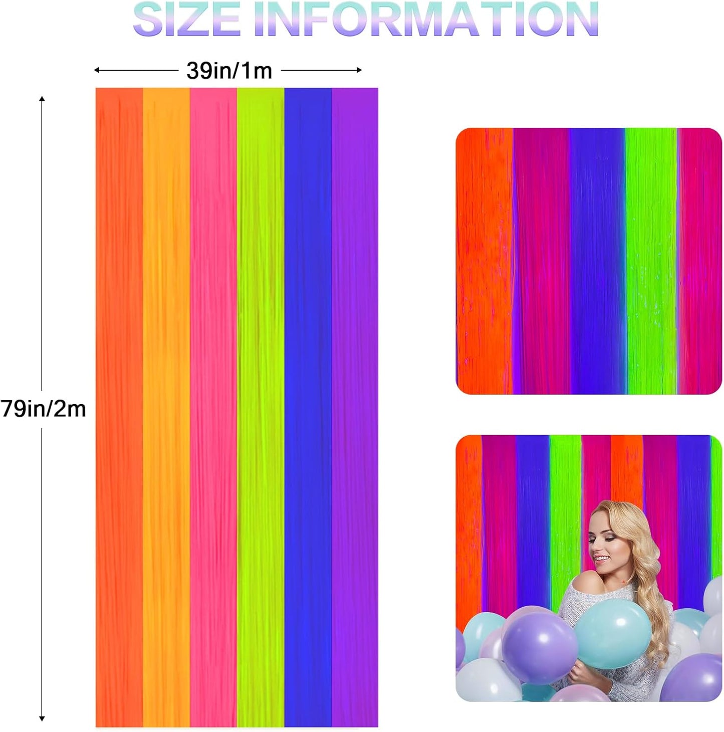 CANREVEL Glow in The Dark Party Supplies, 2 Pack 3.3x6.6 Feet Fluorescent Macaron Rainbow Foil Fringe Backdrop Curtains, Tinsel Streamers for Birthday Party Blacklight Decorations