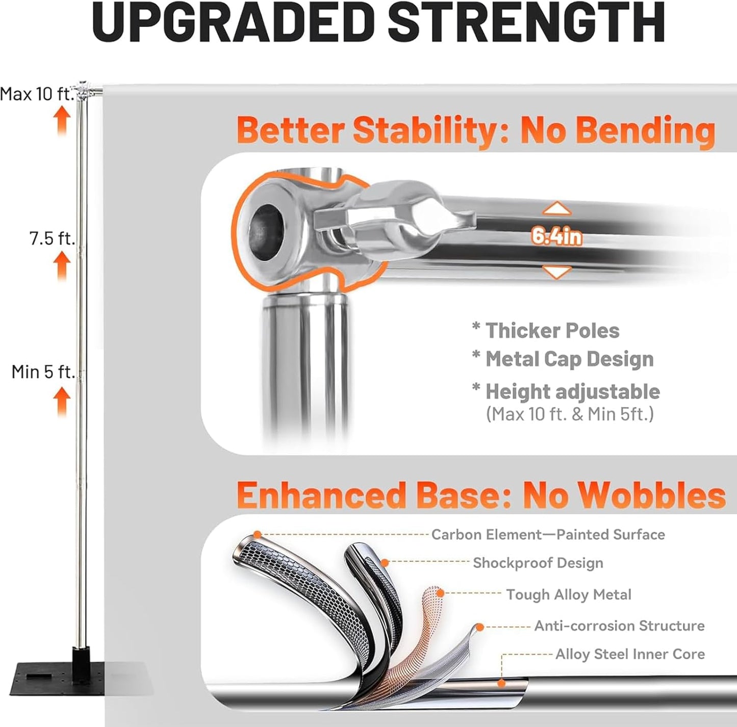 Heavy Duty Pipe and Drape Frame Kit 10x10ft Adjustable Height/Width Photography Background Support Poles All-Metal Construction Backdrop Stand for Party, Birthday, Wedding - Silver