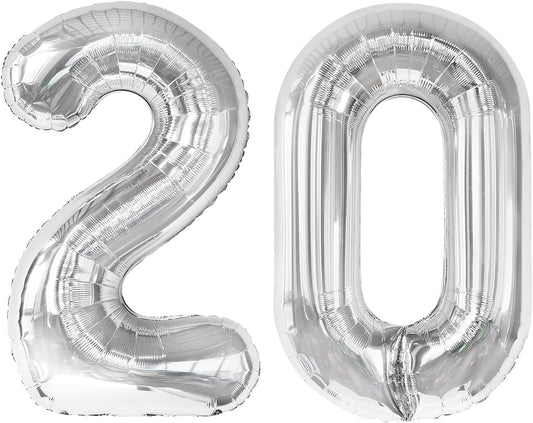 Silver 40 Inch 20 Number Balloons, 20 Decorations for 20 Birthday, Foil Giant Birthday Graduations Anniversary Party Balloons