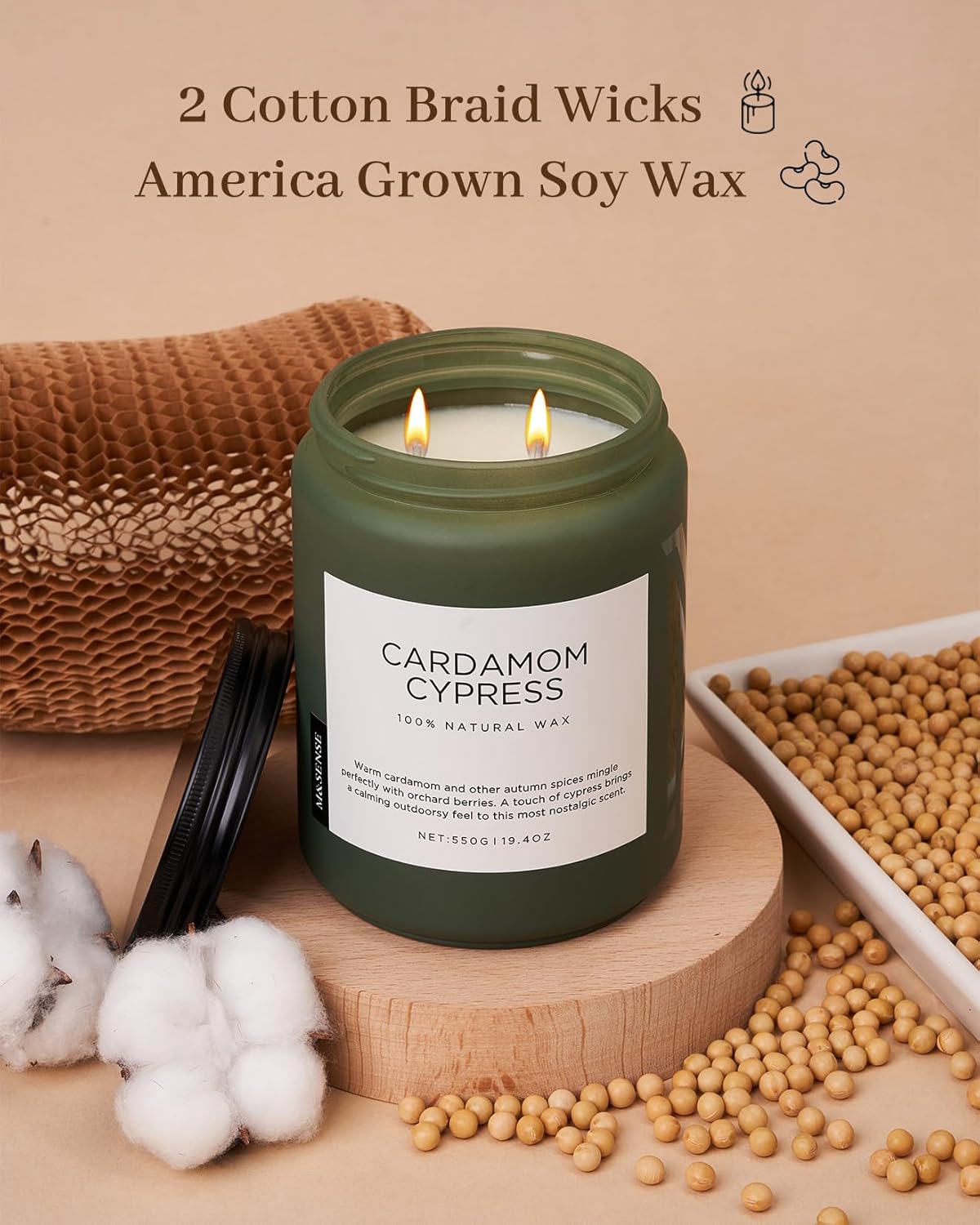 M&SENSE Spice Cardamom Cypress Large Soy Candles for Home Scented 2 Wick Large Soy Natural Candles 19.4oz 110 Hours Long Lasting Slow Burning, Christmas Holiday Woody Scented Winter Gifts