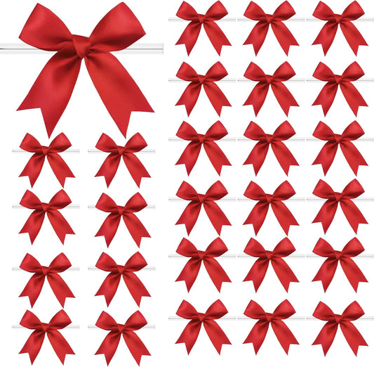 50 PCS Twist Tie Bows Satin Ribbon Bows 3.3 Inch Gift Wrap Bows Craft Bows for Gift Wrapping, Party Decorations Gifts Bag DIY Treat Bags Wedding Decor Baby Shower Christmas (Red)