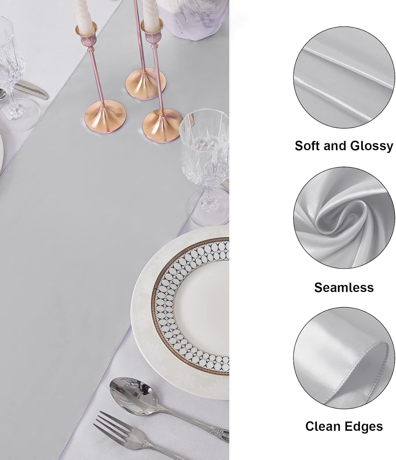 24Pack Table Runner 12 x 108 Inches Satin Silk Table Runner for Wedding, Birthday Party, Banquets, Graduations Decoration, fit Rectange and Round Table-Silver