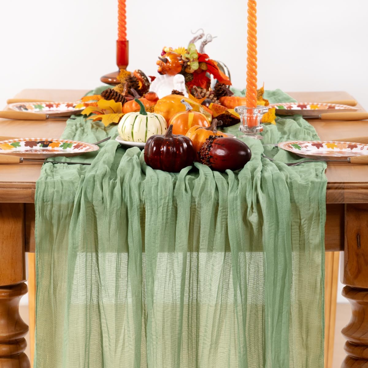 Sage Green Cheesecloth Table Runner 4 Pack Fall Table Runners Boho Gauze 120 Inches Sage Cheese Cloth Fall Table Decorations for Thanksgiving Wedding Bridal Baby Shower Tea Party