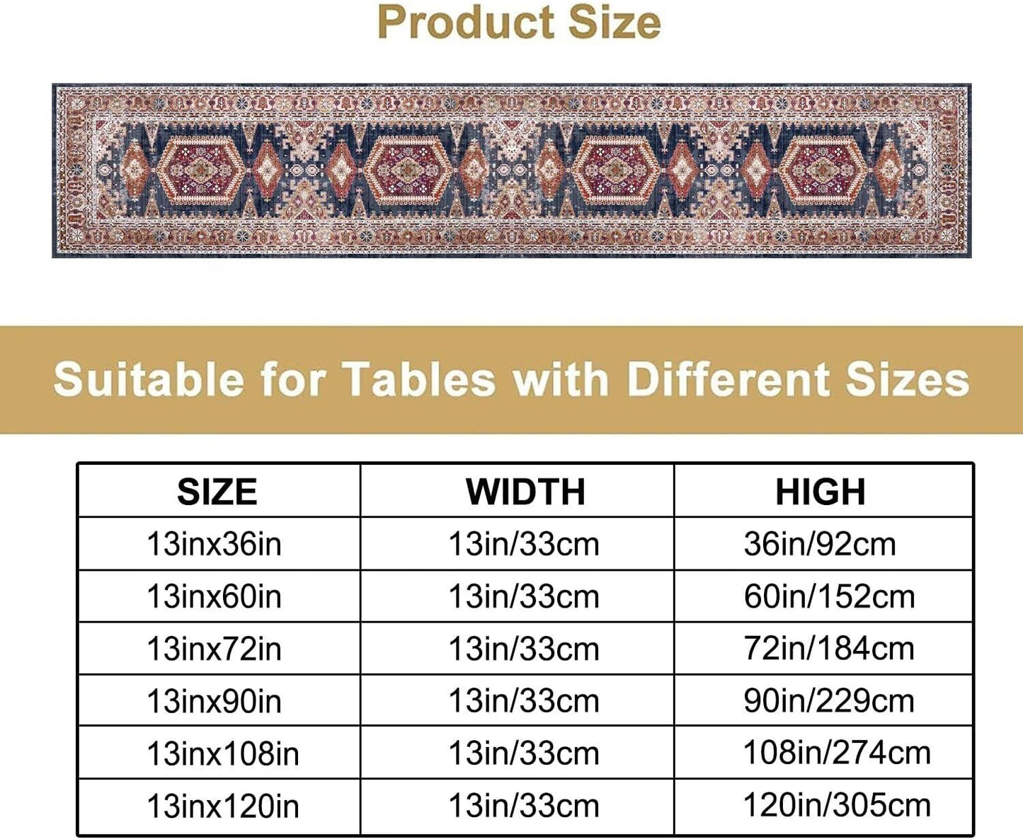 Vintage Boho Table Runner,Flower Geometric Design Rustic Farmhouse Table Runner for Home Farmhouse Kitchen Table Dining Coffee Room Garden Party Wedding Decor 13x120in