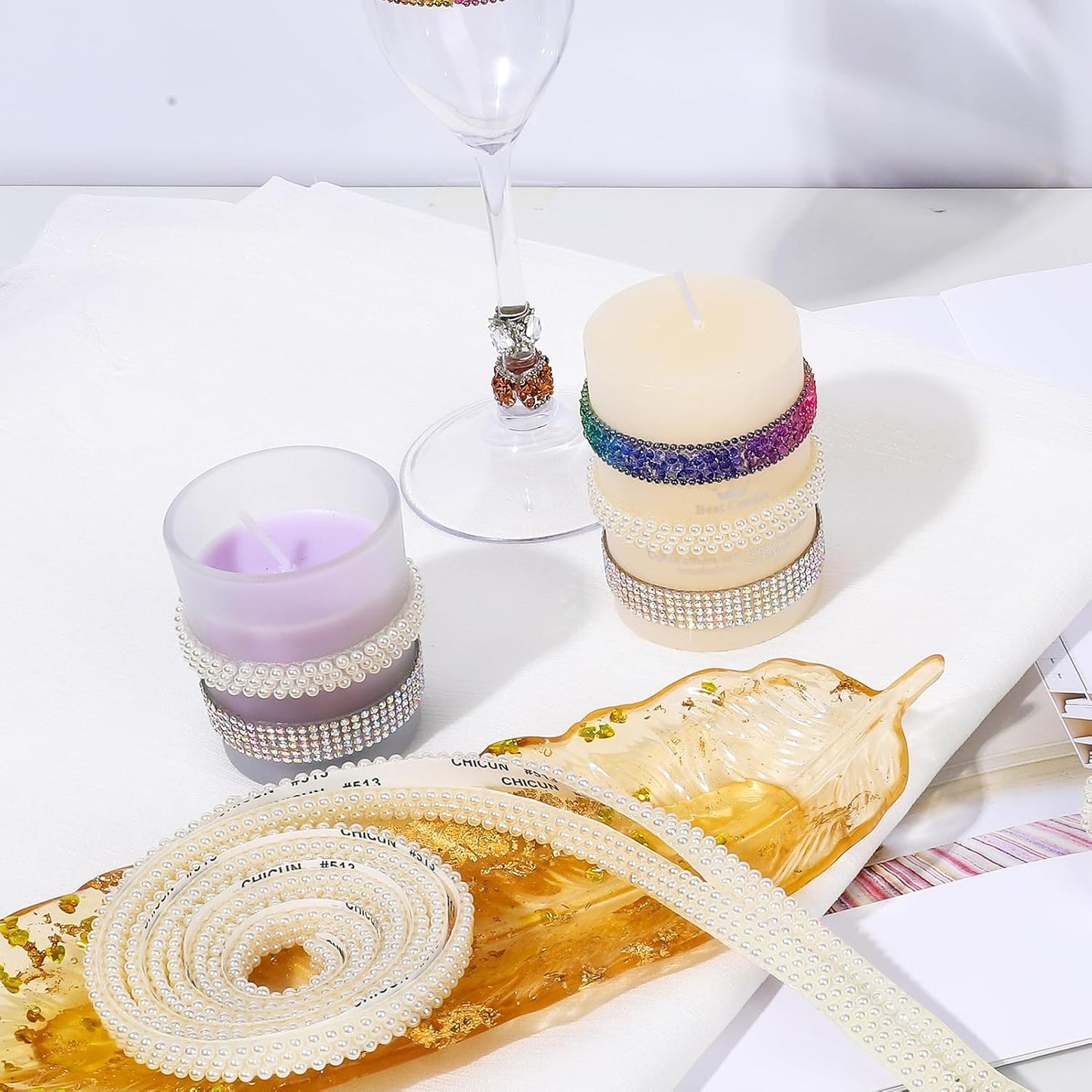 Off-White Pearls Ribbon 3 Yards Self Adhesive Pearls Strips Diamond Ribbon Sticker Crystal Roll Glitter Bling Rhinestones Tape for Crafting DIY Art Decoration (0.4 Inch)