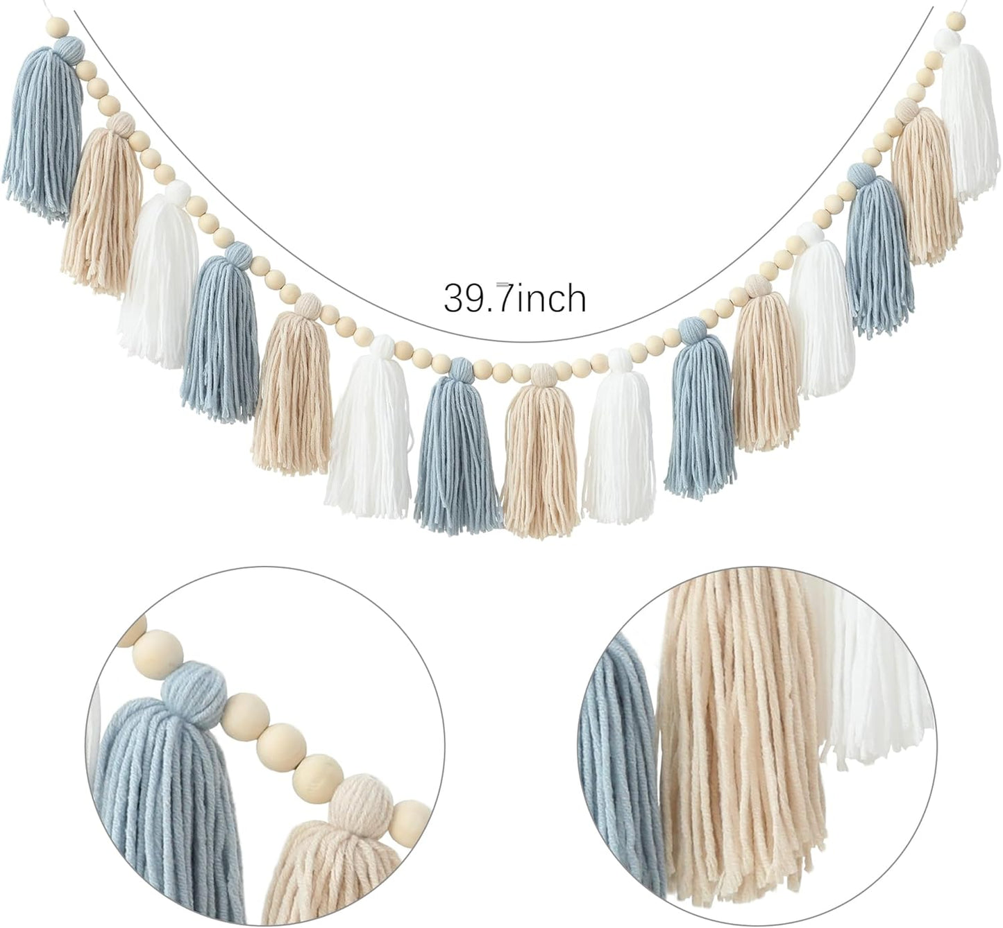 Boho Tassel Garland Wall Hanging with Wood Beads Blue Tassel Garland for Baby Shower Kids Room Bedroom Nursey Back to School Decorations