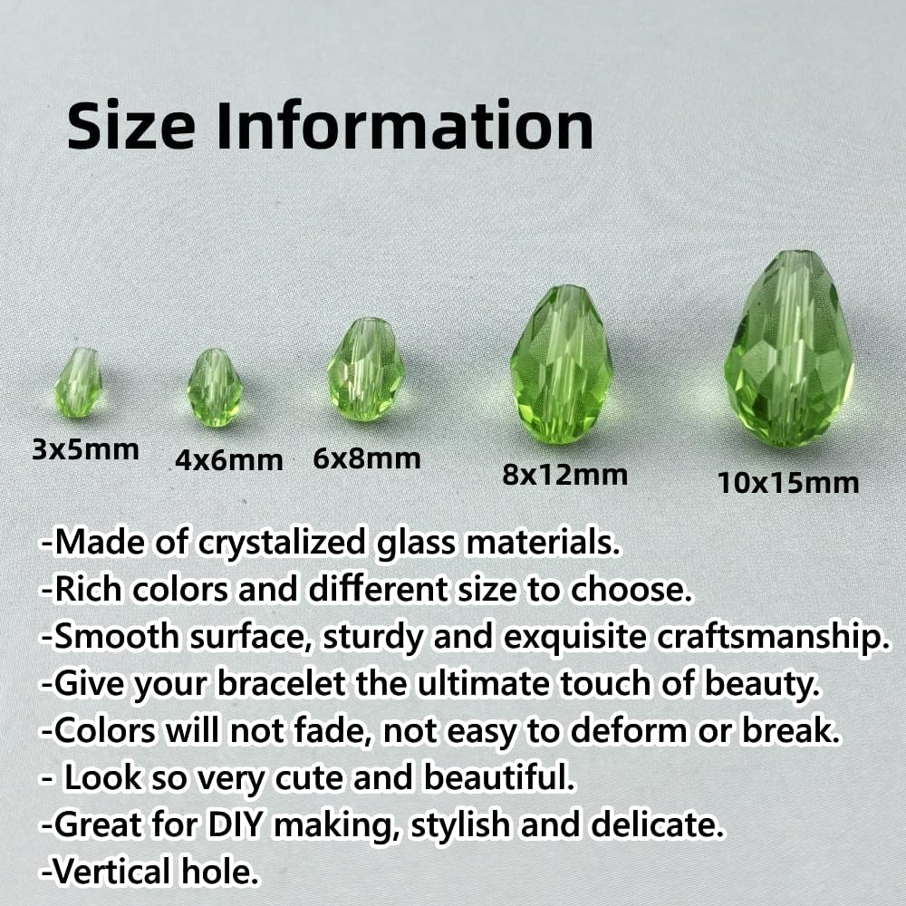 150pcs 4x6mm Teardrop Crystal Glass Beads for Jewelry Making, Faceted Vertical Hole Teardrop Glass Spacer Beads for Wind Chimes Bracelet Earring Necklace DIY Craft(Light Green)